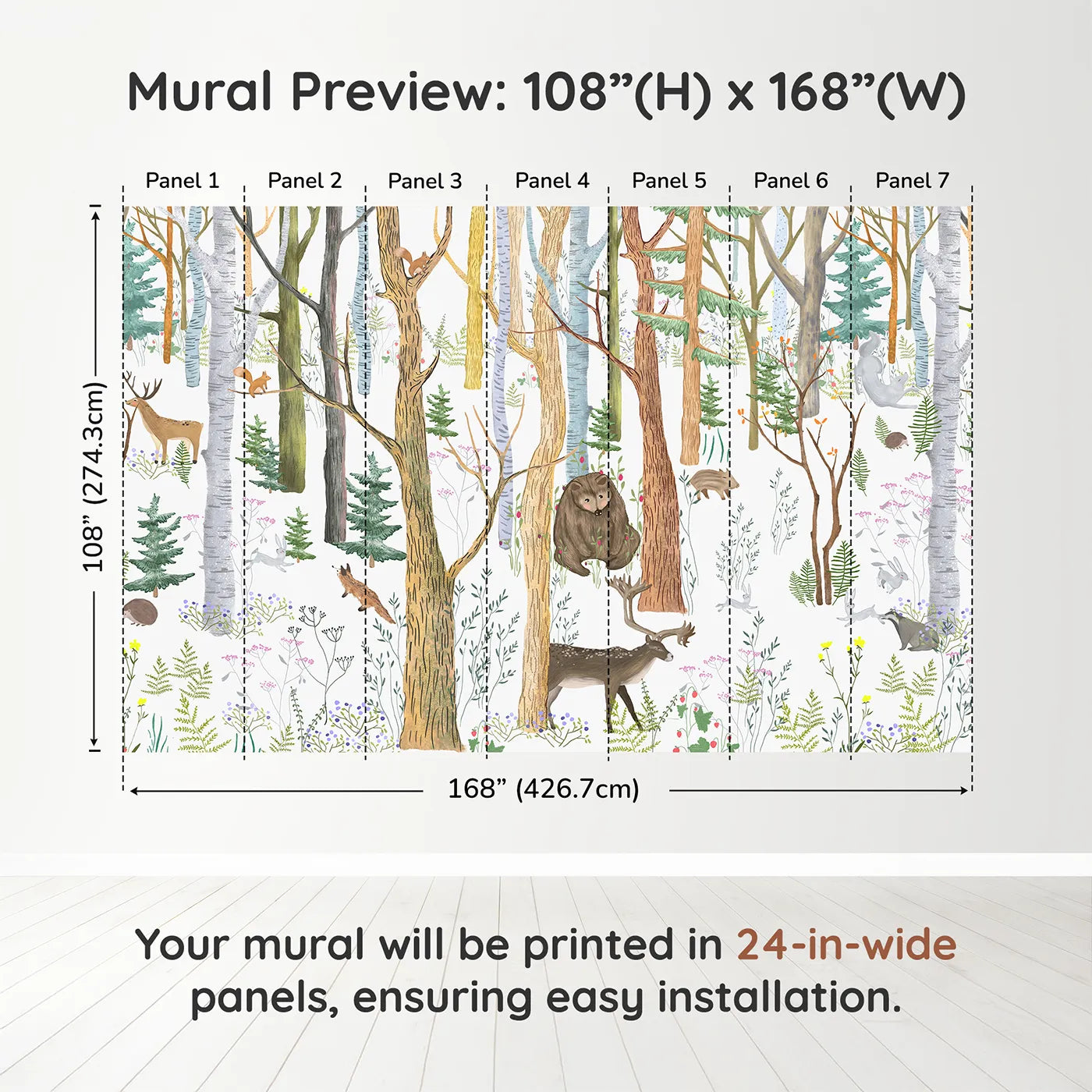 Whimsy Tots Detailed Woodland Forest Wall Muraldimension view (108" H x 168" W). Printed in seven 24-inch-wide panels. Gender-Neutral