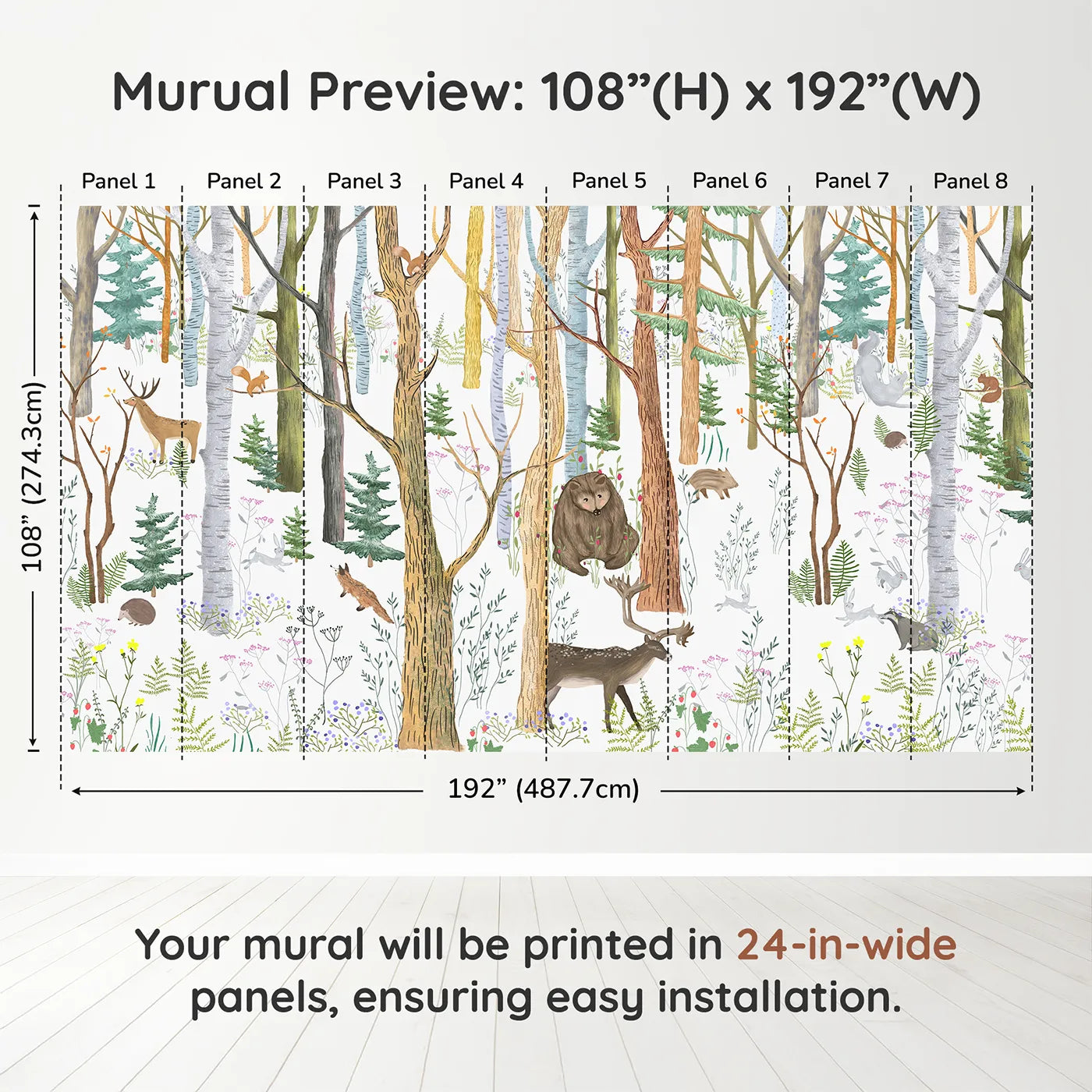 Whimsy Tots Detailed Woodland Forest Wall Muraldimension view (108" H x 192" W). Printed in eight 24-inch-wide panels. Gender-Neutral