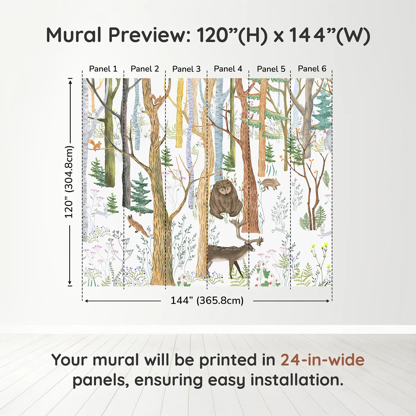 Whimsy Tots Detailed Woodland Forest Wall Muraldimension view (120" H x 144" W). Printed in six 24-inch-wide panels. Gender-Neutral