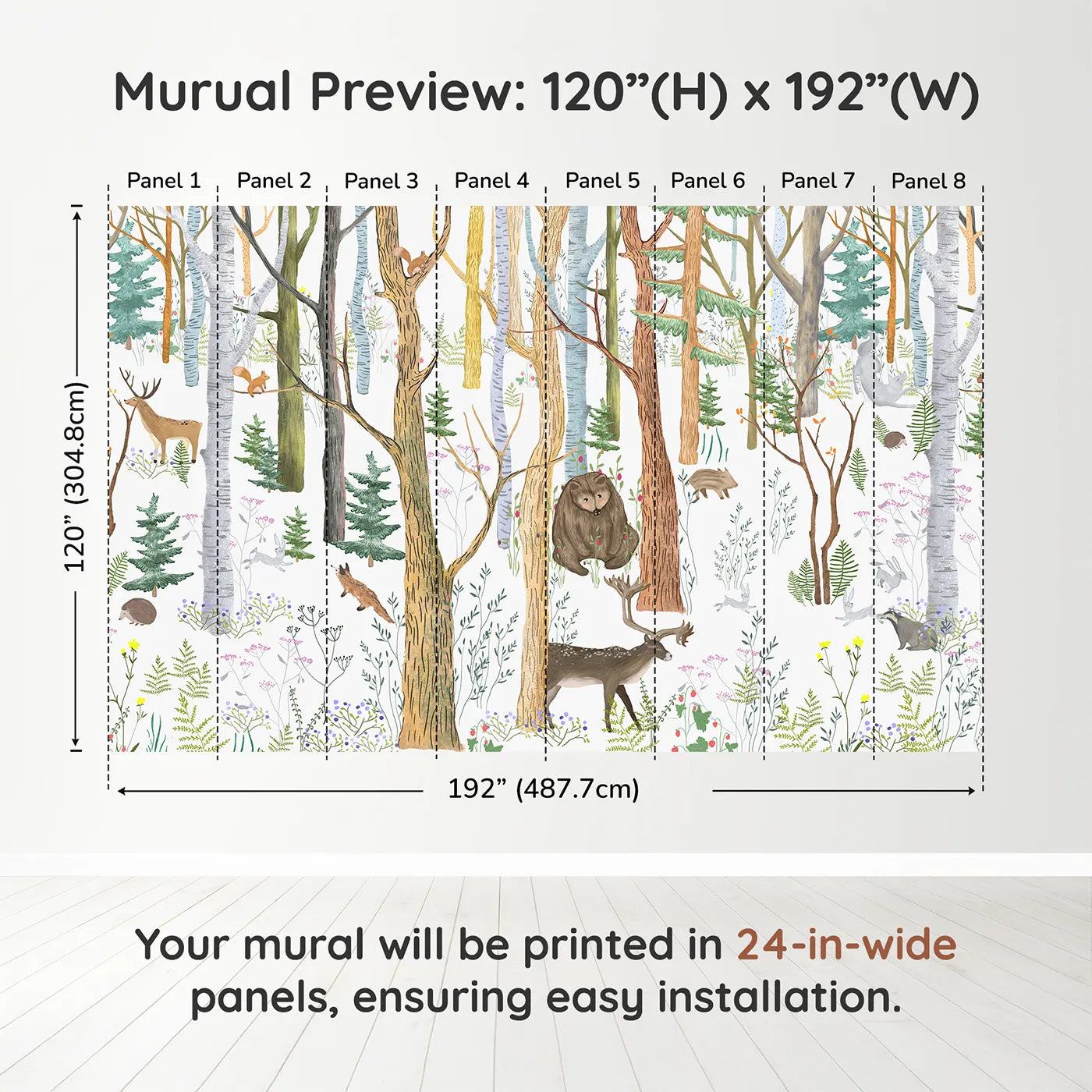 Whimsy Tots Detailed Woodland Forest Wall Muraldimension view (120" H x 192" W). Printed in eight 24-inch-wide panels. Gender-Neutral