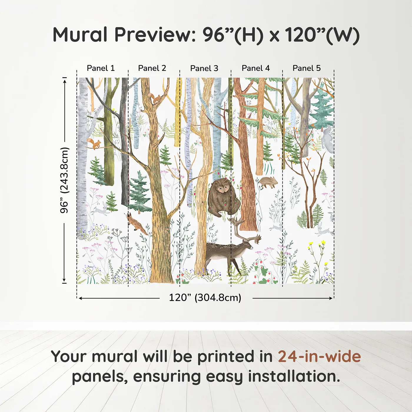 Whimsy Tots Detailed Woodland Forest Wall Muraldimension view (96" H x 120" W). Printed in five 24-inch-wide panels. Gender-Neutral