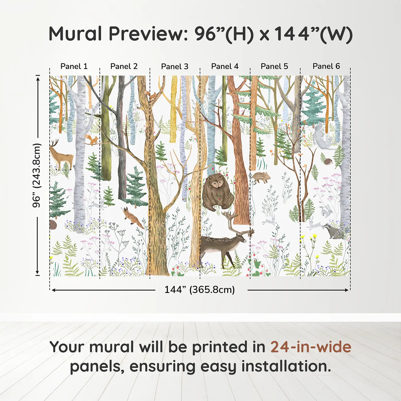 Whimsy Tots Detailed Woodland Forest Wall Muraldimension view (96" H x 144" W). Printed in six 24-inch-wide panels. Gender-Neutral