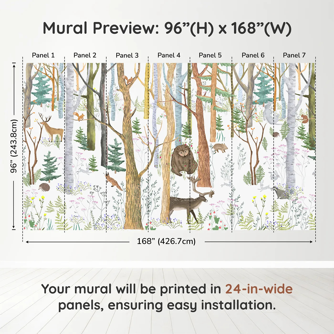 Whimsy Tots Detailed Woodland Forest Wall Muraldimension view (96" H x 168" W). Printed in seven 24-inch-wide panels. Gender-Neutral