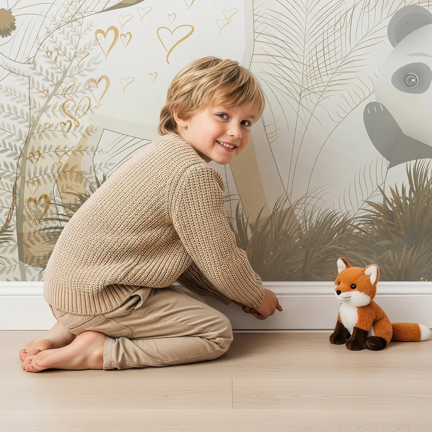 Child in front of Whimsy Tots Golden Safari Hideaway Wall Mural with safari, jungle, animal, cute, gold, brown, leaf, gentle in design.