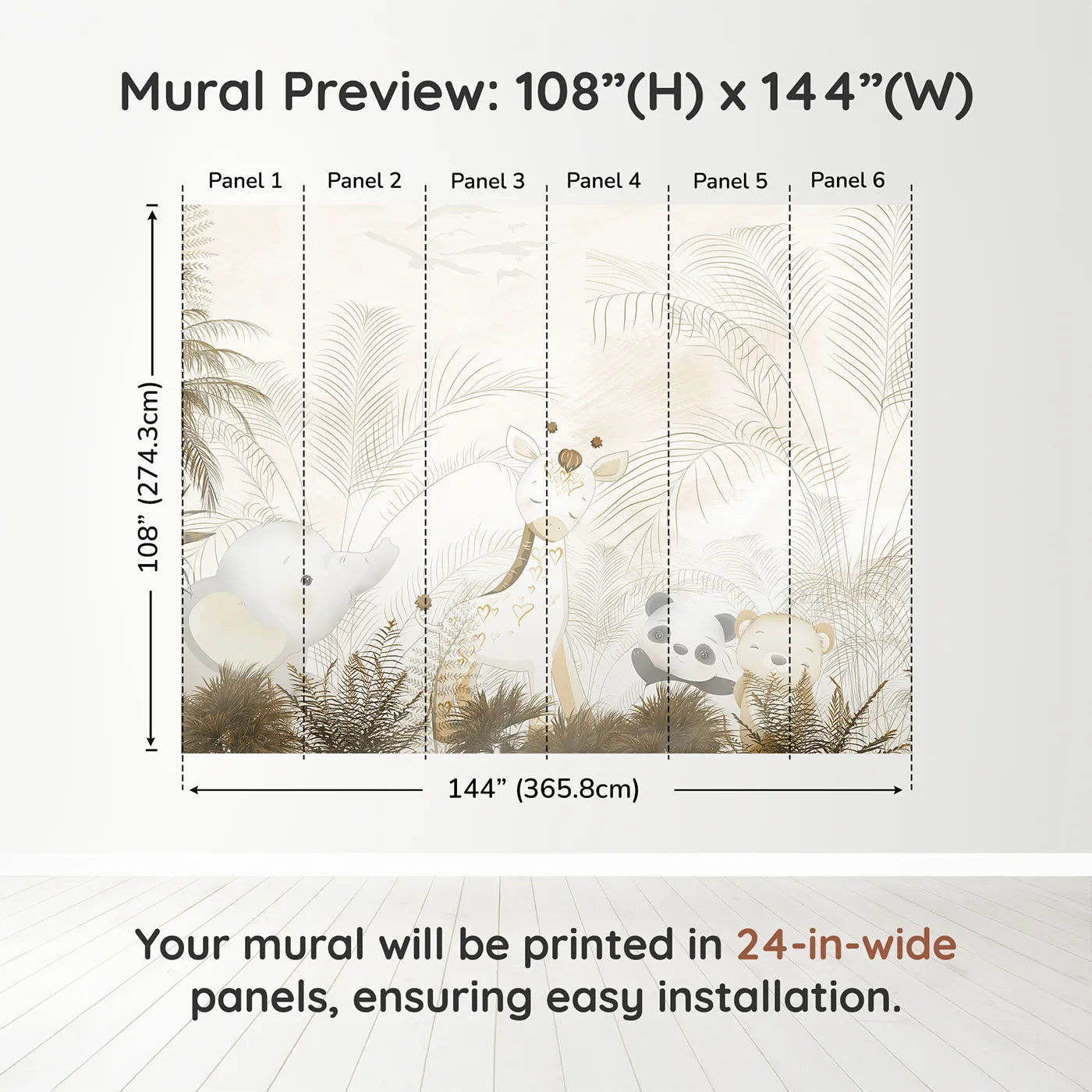 Whimsy Tots Golden Safari Hideaway Wall Muraldimension view (108" H x 144" W). Printed in six 24-inch-wide panels. Gender-Neutral