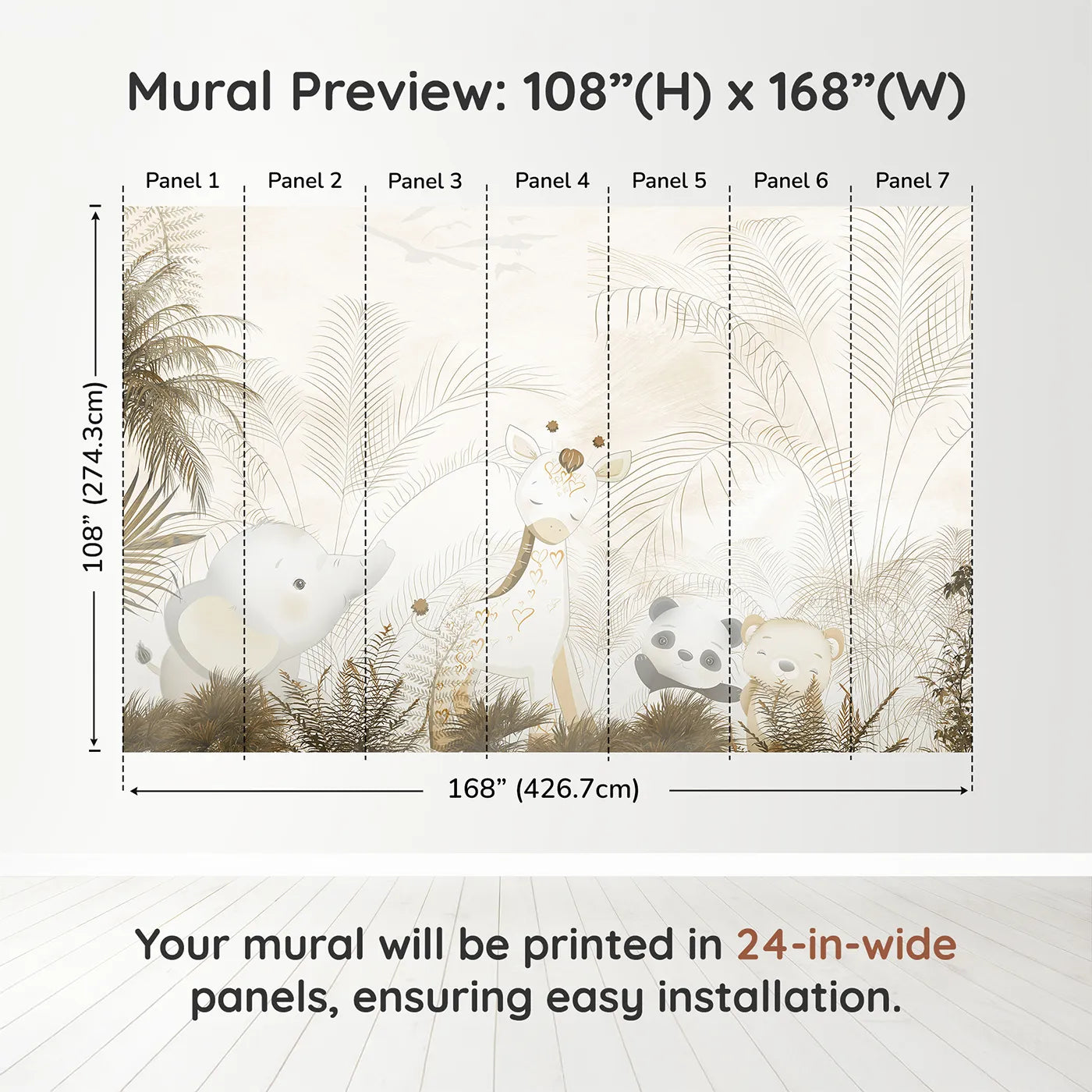 Whimsy Tots Golden Safari Hideaway Wall Muraldimension view (108" H x 168" W). Printed in seven 24-inch-wide panels. Gender-Neutral