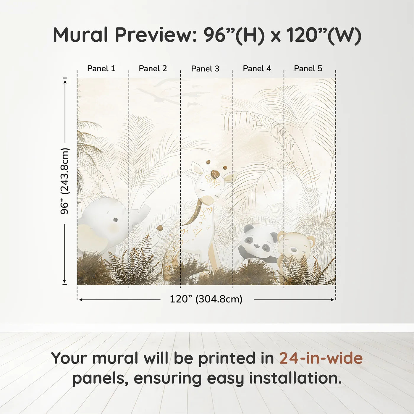 Whimsy Tots Golden Safari Hideaway Wall Muraldimension view (96" H x 120" W). Printed in five 24-inch-wide panels. Gender-Neutral