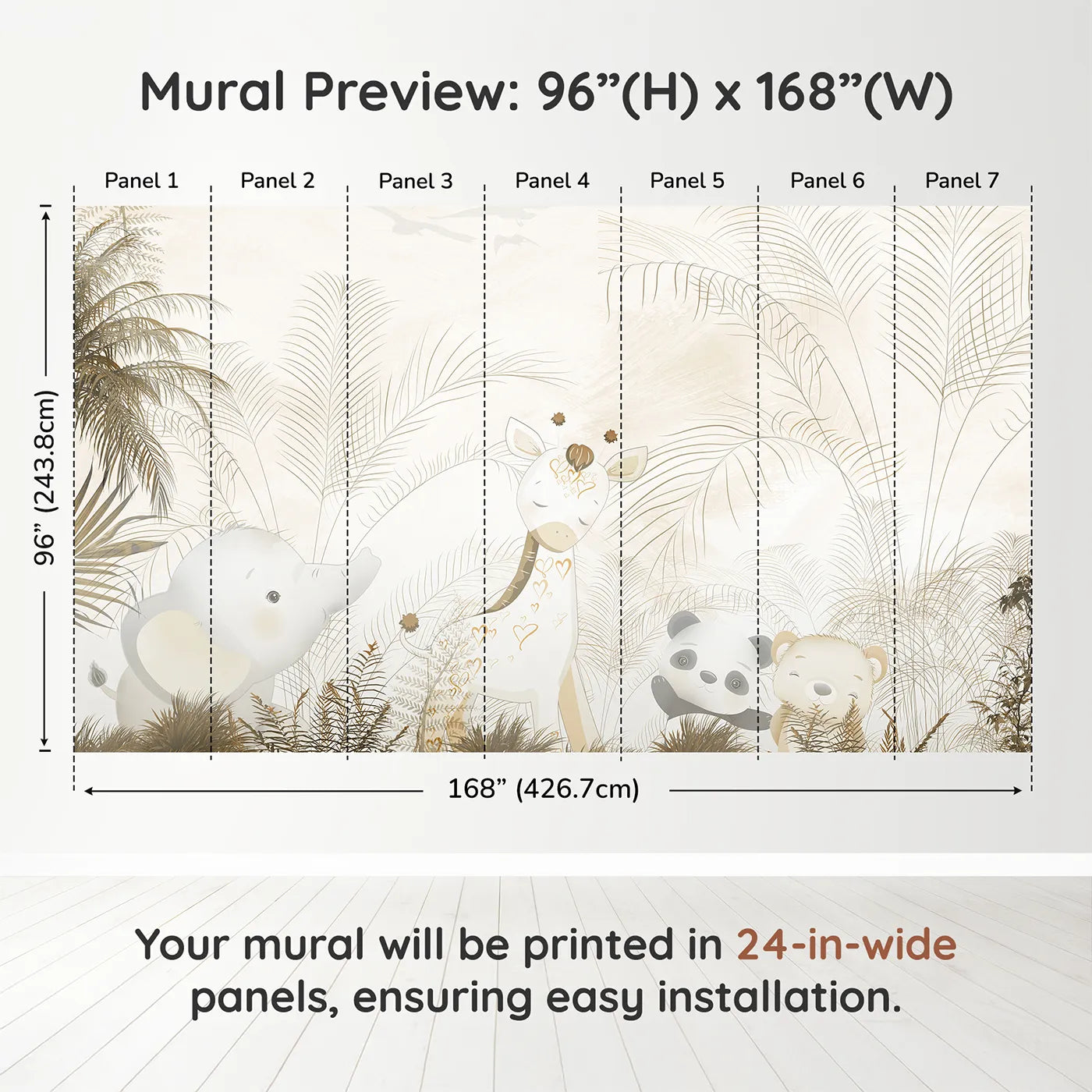 Whimsy Tots Golden Safari Hideaway Wall Muraldimension view (96" H x 168" W). Printed in seven 24-inch-wide panels. Gender-Neutral