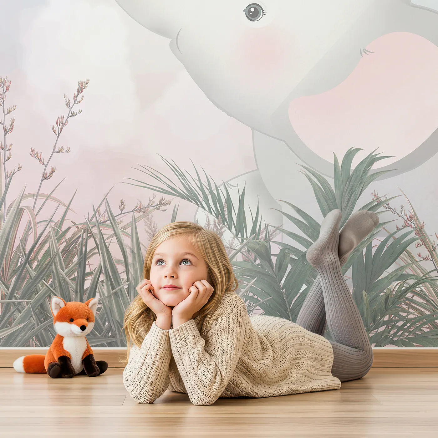 Child in front of Whimsy Tots Pastel Safari Sky Party Wall Mural with animal, safari, balloon, cute, jungle, pastel, pink, blue in design.