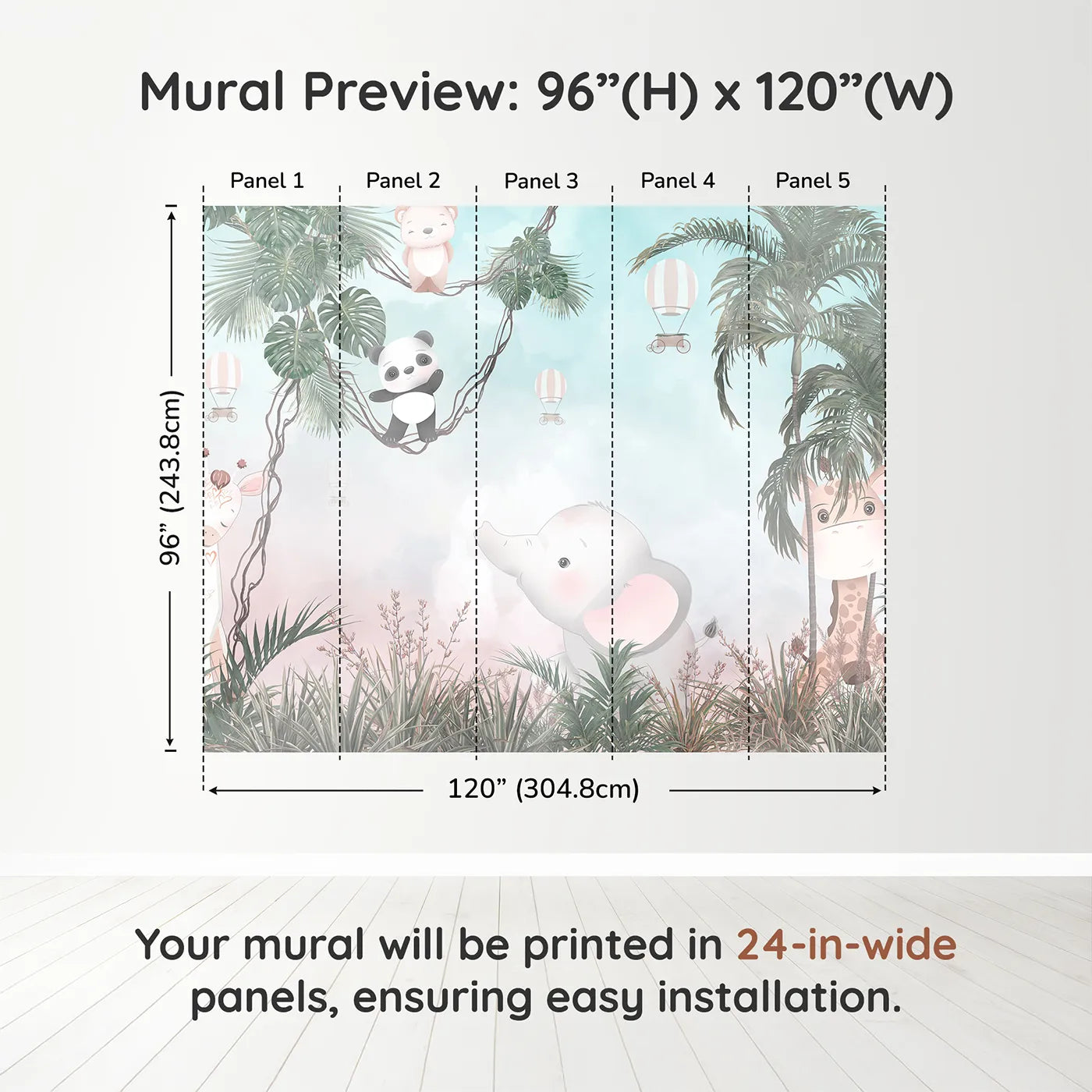 Whimsy Tots Pastel Safari Sky Party Wall Muraldimension view (96" H x 120" W). Printed in five 24-inch-wide panels. Gender-Neutral