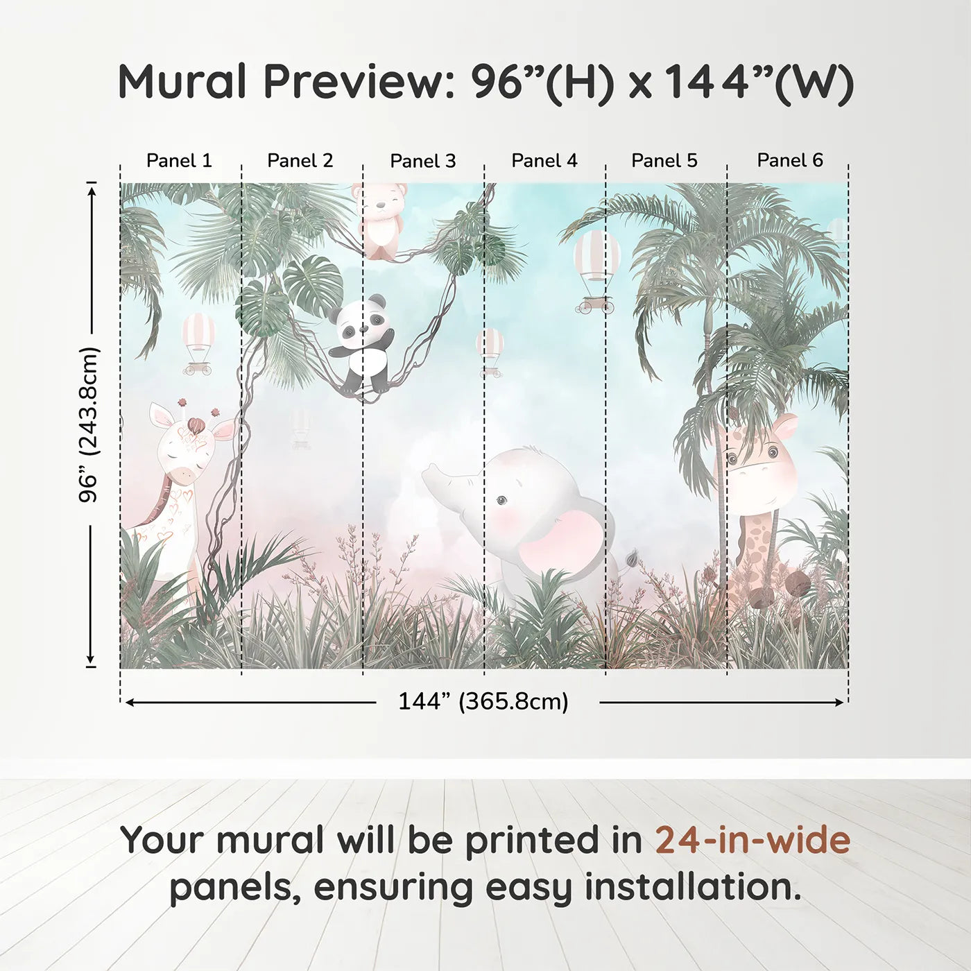 Whimsy Tots Pastel Safari Sky Party Wall Muraldimension view (96" H x 144" W). Printed in six 24-inch-wide panels. Gender-Neutral