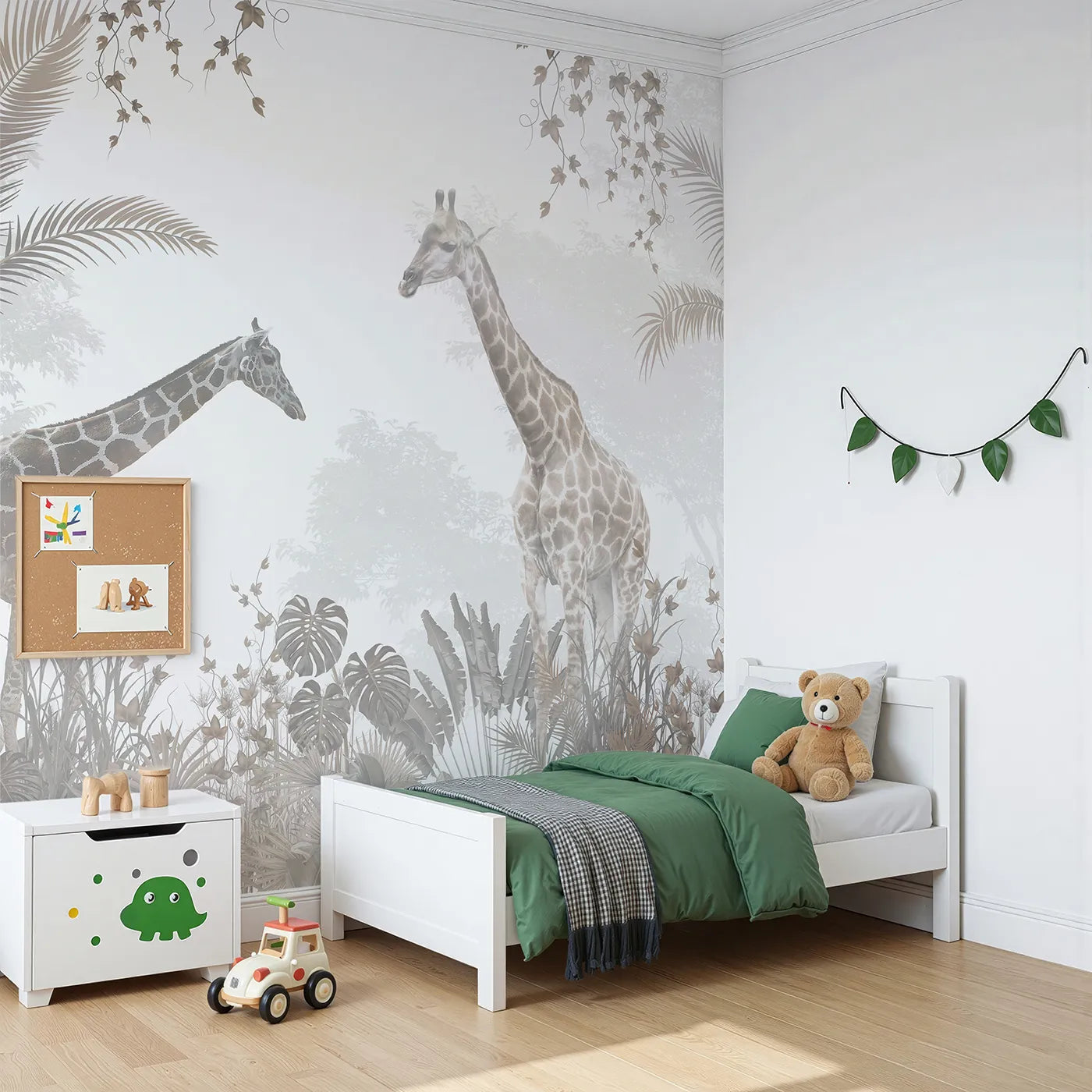 Angled view of Whimsy Tots' Sepia Jungle Stroll Wall Mural (Turn Their Room into a Timeless Safari Adventure).Gender-Neutral