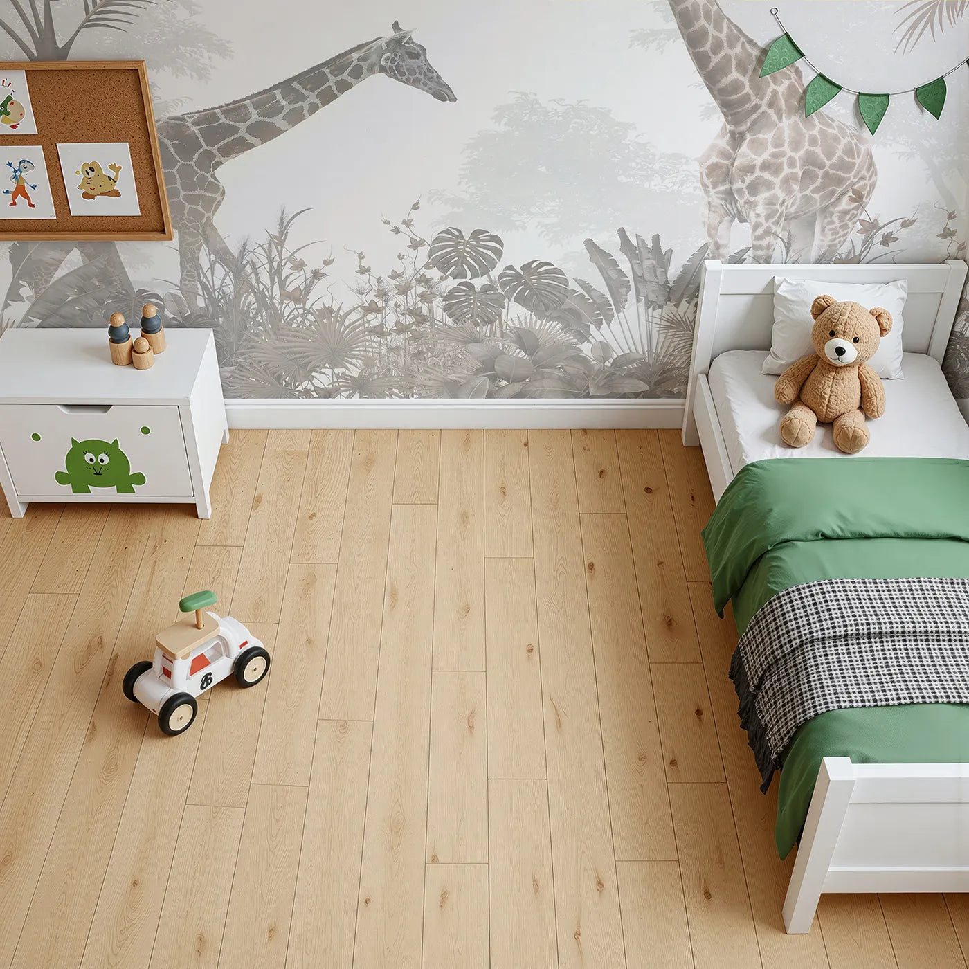 Top-down view of Whimsy Tots' Sepia Jungle Stroll Wall Mural (Turn Their Room into a Timeless Safari Adventure).Gender-Neutral