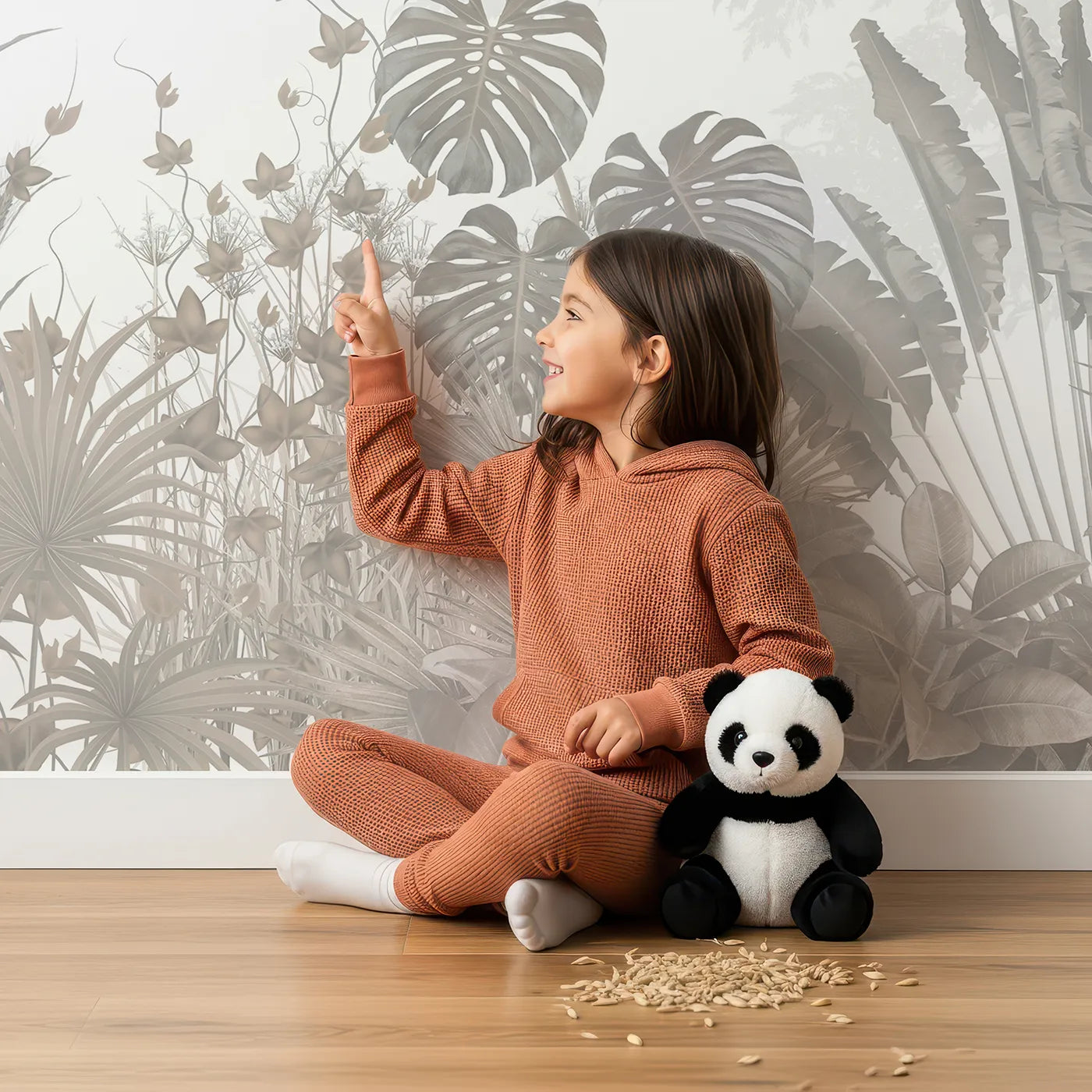 Child in front of Whimsy Tots Sepia Jungle Stroll Wall Mural with safari, jungle, sepia, vintage, giraffe, mist, realistic, tropical in design.