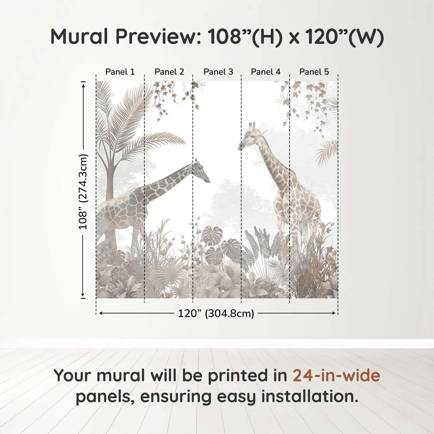 Whimsy Tots Sepia Jungle Stroll Wall Muraldimension view (108" H x 120" W). Printed in five 24-inch-wide panels. Gender-Neutral