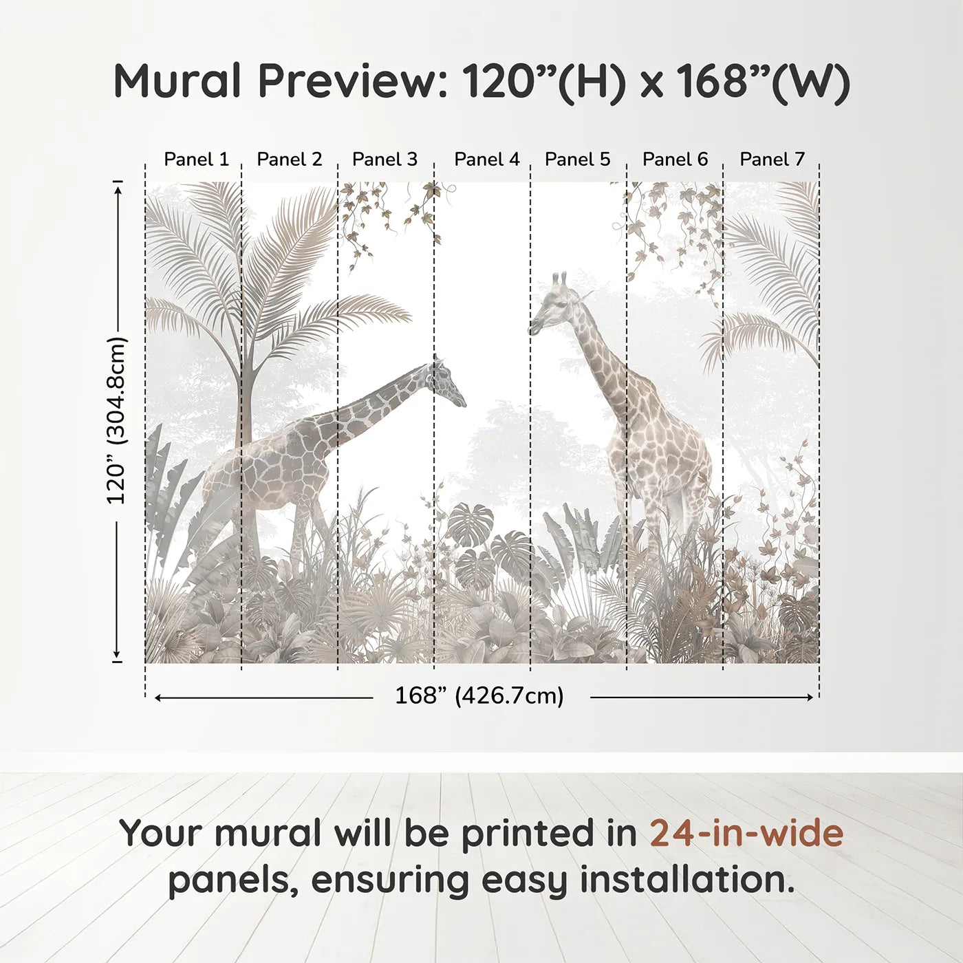 Whimsy Tots Sepia Jungle Stroll Wall Muraldimension view (120" H x 168" W). Printed in seven 24-inch-wide panels. Gender-Neutral