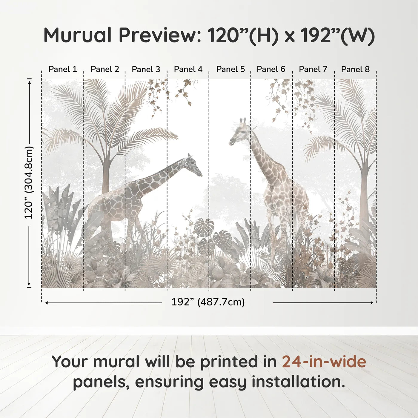 Whimsy Tots Sepia Jungle Stroll Wall Muraldimension view (120" H x 192" W). Printed in eight 24-inch-wide panels. Gender-Neutral