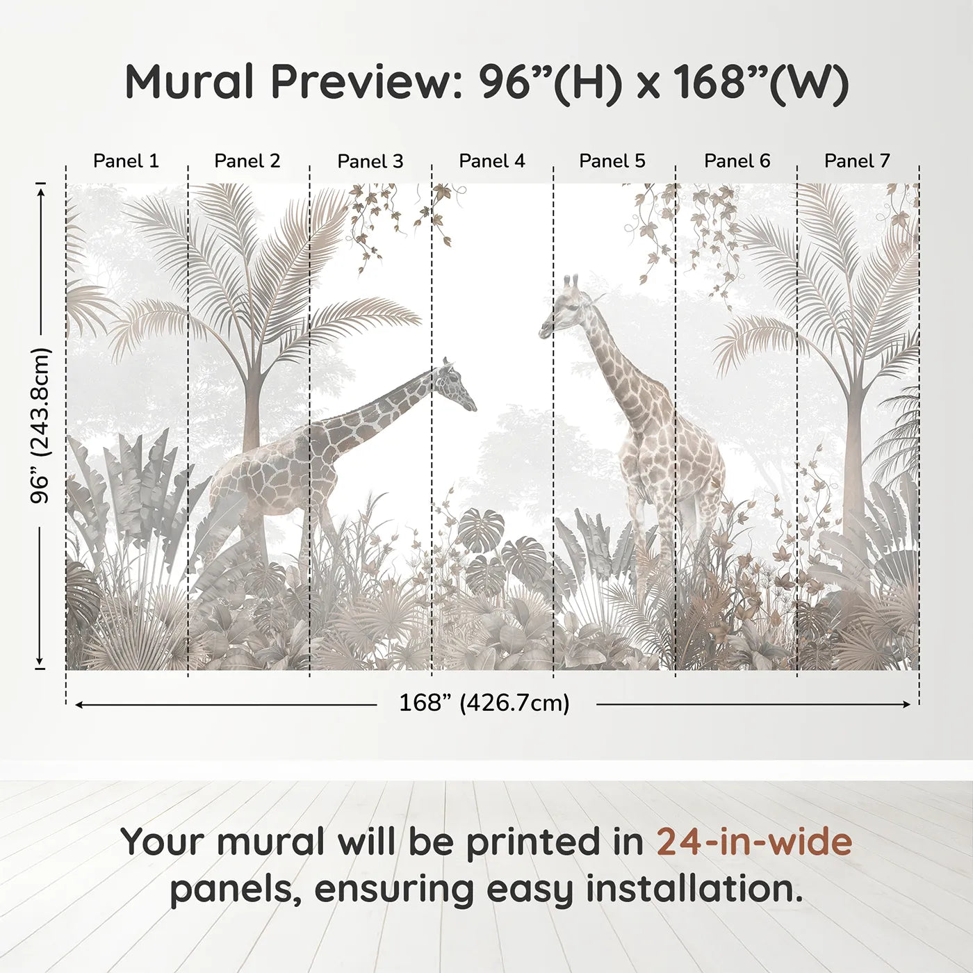 Whimsy Tots Sepia Jungle Stroll Wall Muraldimension view (96" H x 168" W). Printed in seven 24-inch-wide panels. Gender-Neutral