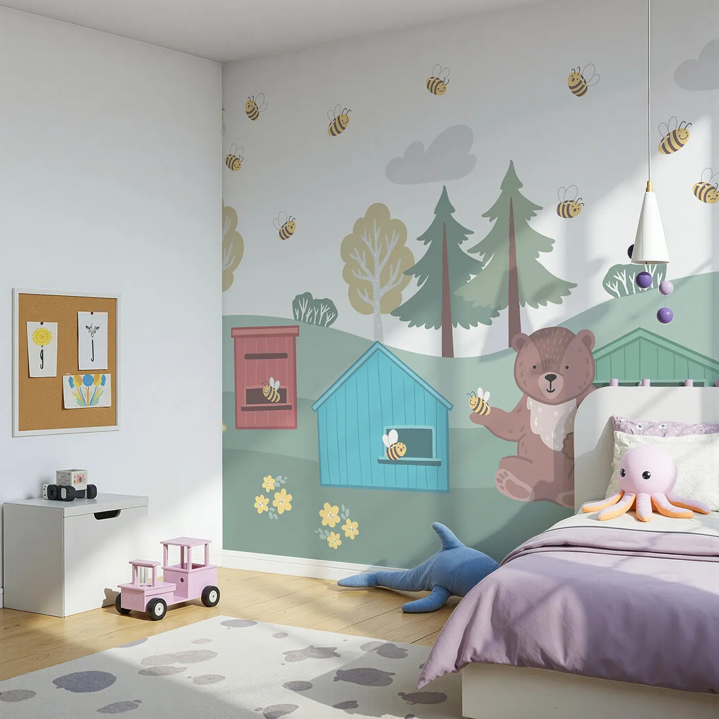 Angled view of Whimsy Tots' Bear and Bunny Beehive Wall Mural (Turn Their Room into the Sweetest Little Apiary).Gender-Neutral