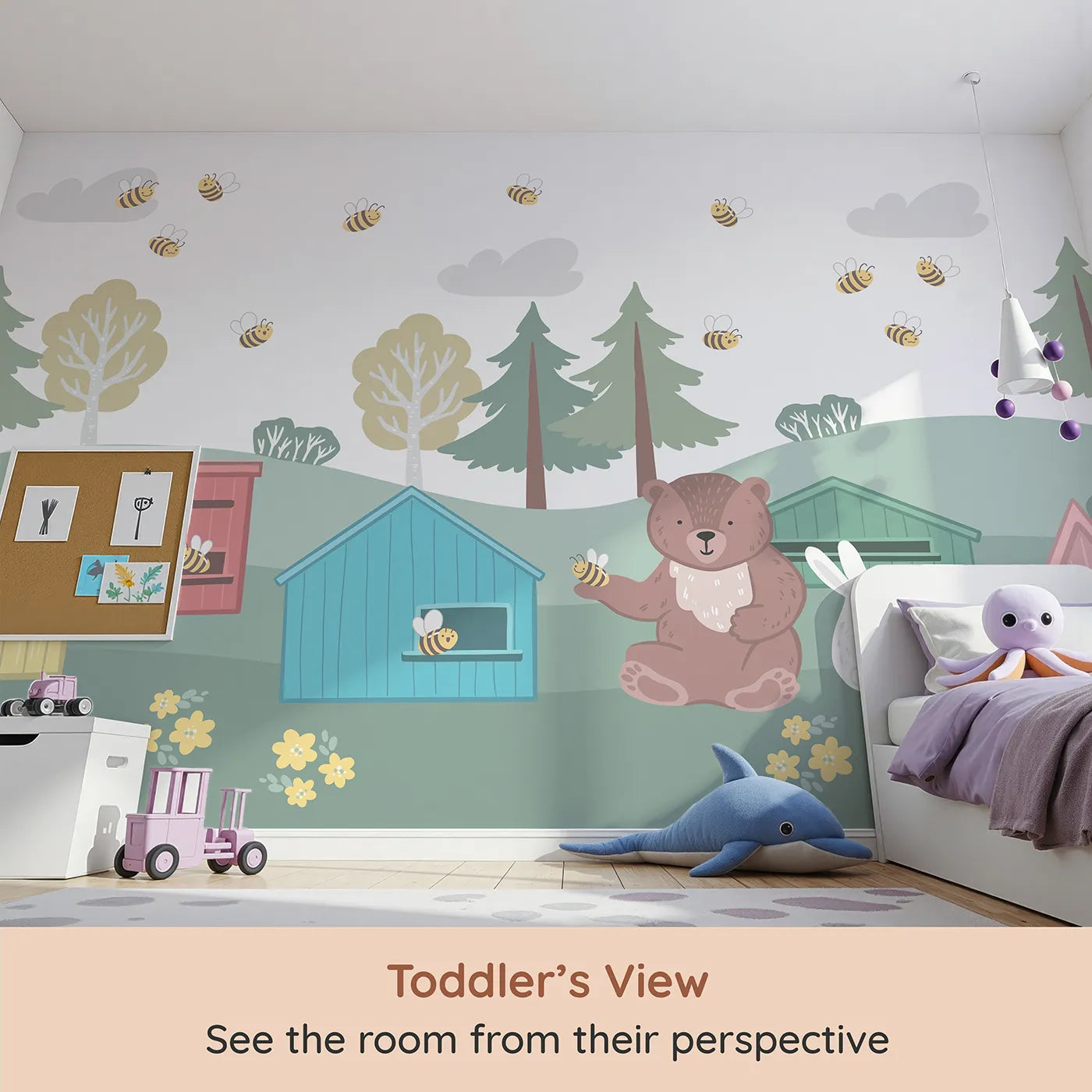 Whimsy Tots Bear and Bunny Beehive Wall Mural (Turn Their Room into the Sweetest Little Apiary) from your child's view.Gender-Neutral