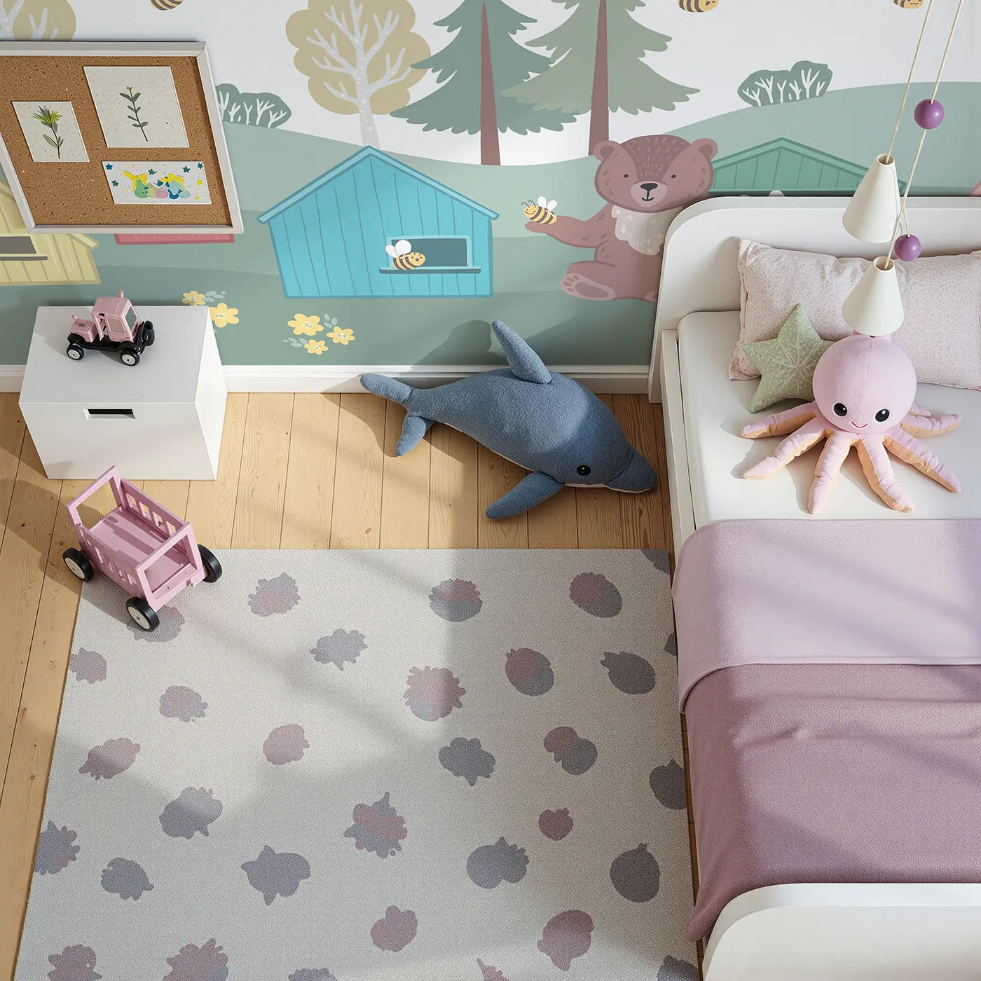 Top-down view of Whimsy Tots' Bear and Bunny Beehive Wall Mural (Turn Their Room into the Sweetest Little Apiary).Gender-Neutral