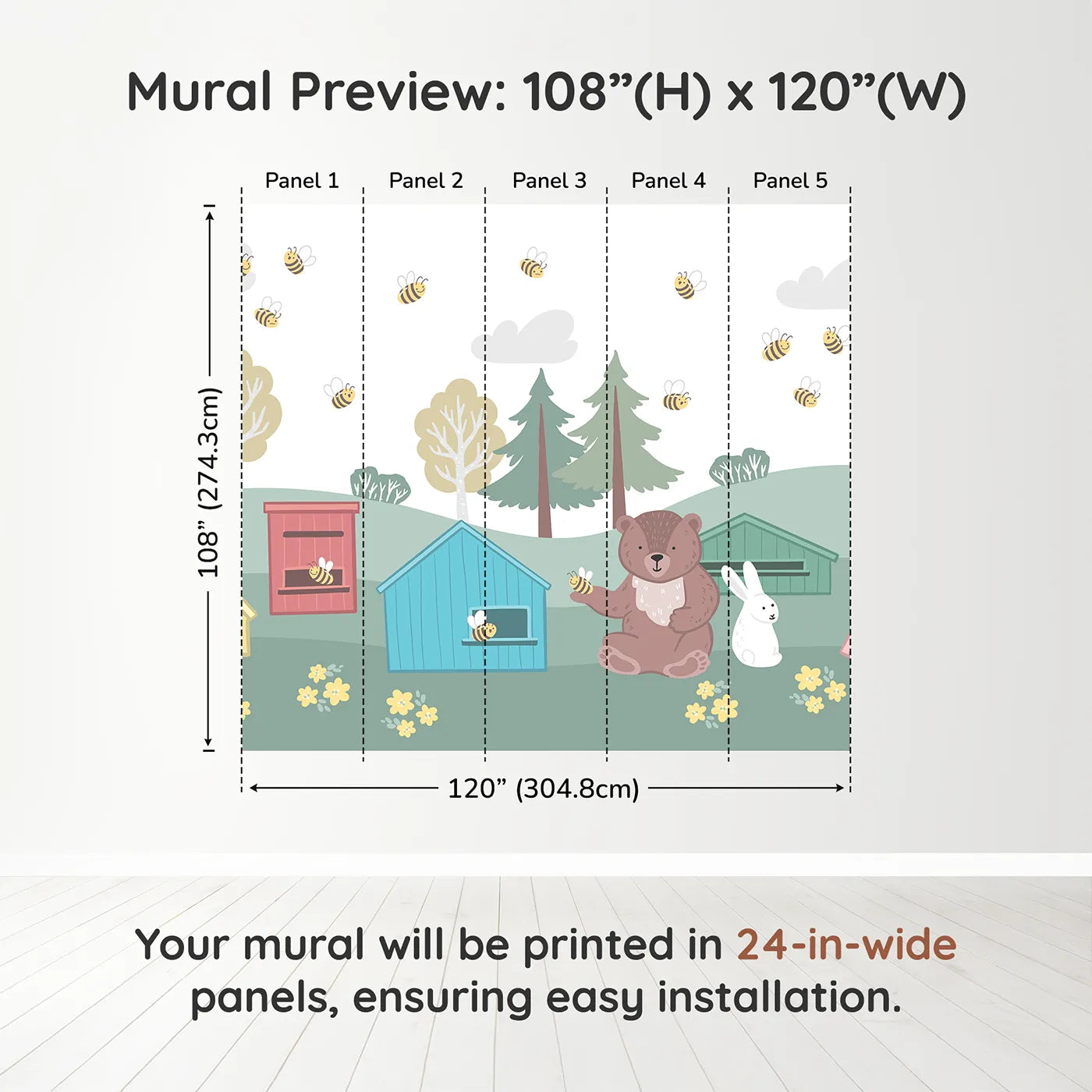 Whimsy Tots Bear and Bunny Beehive Wall Muraldimension view (108" H x 120" W). Printed in five 24-inch-wide panels. Gender-Neutral