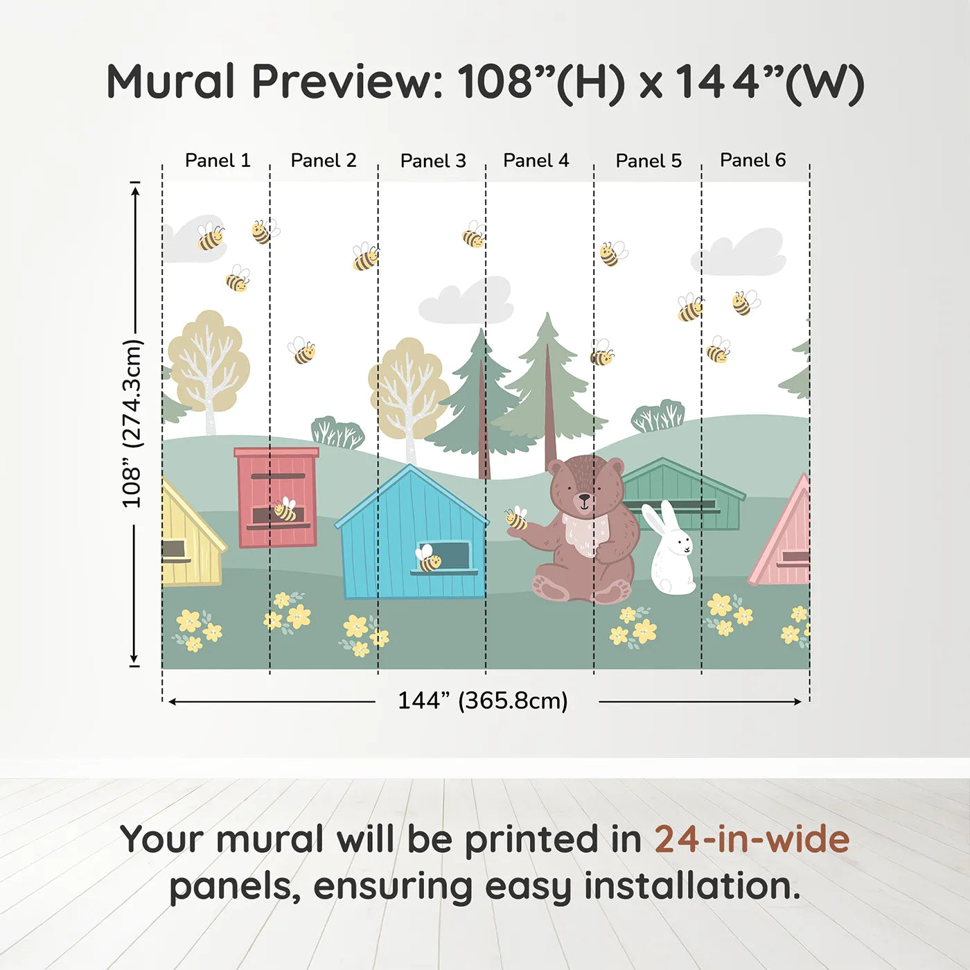 Whimsy Tots Bear and Bunny Beehive Wall Muraldimension view (108" H x 144" W). Printed in six 24-inch-wide panels. Gender-Neutral