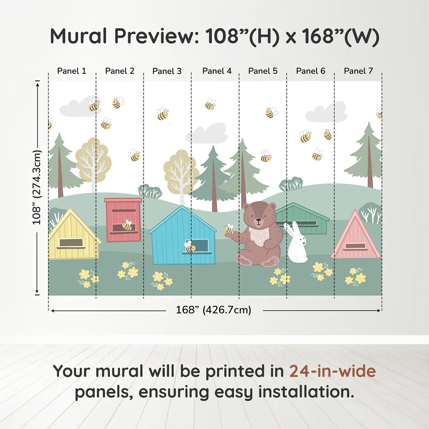 Whimsy Tots Bear and Bunny Beehive Wall Muraldimension view (108" H x 168" W). Printed in seven 24-inch-wide panels. Gender-Neutral