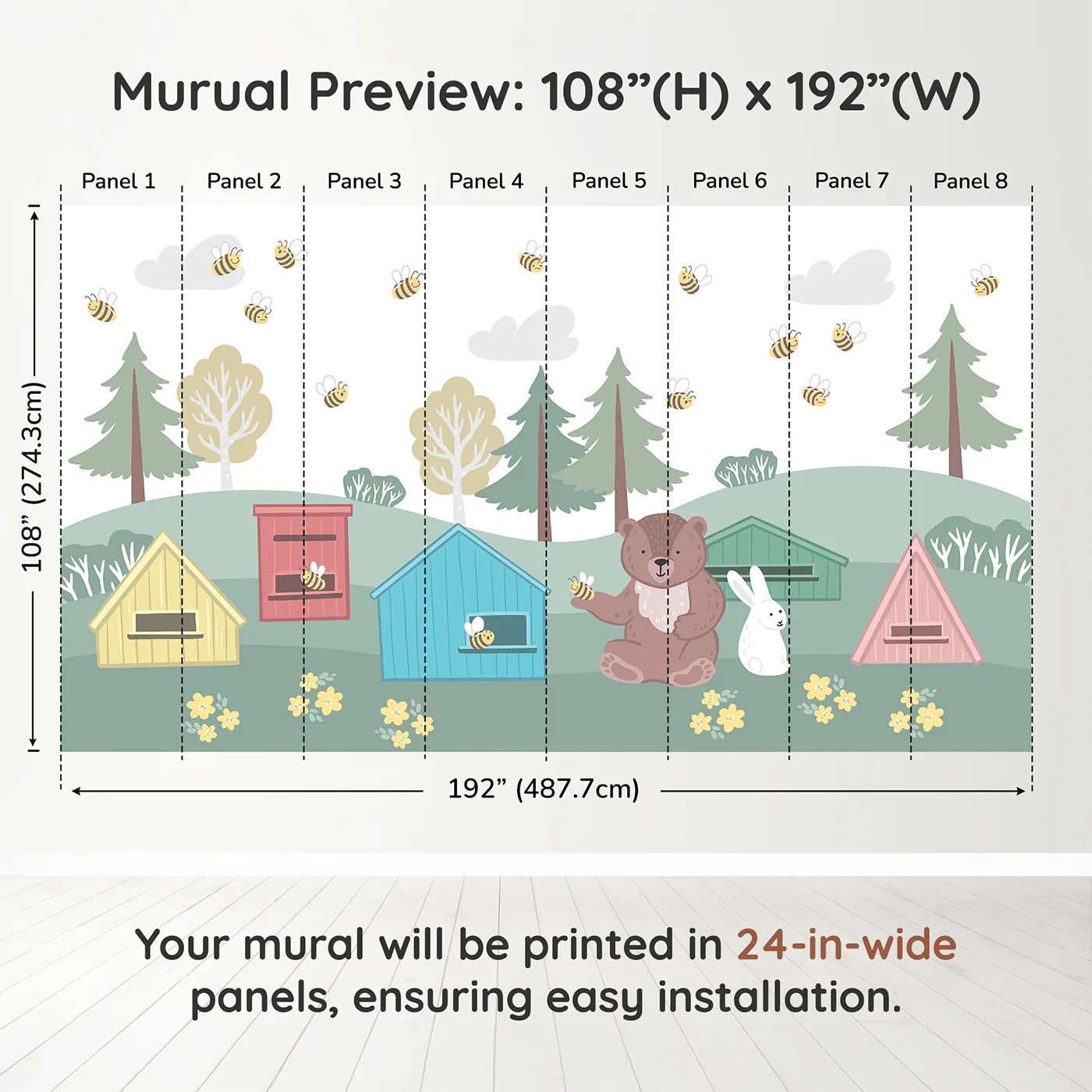Whimsy Tots Bear and Bunny Beehive Wall Muraldimension view (108" H x 192" W). Printed in eight 24-inch-wide panels. Gender-Neutral