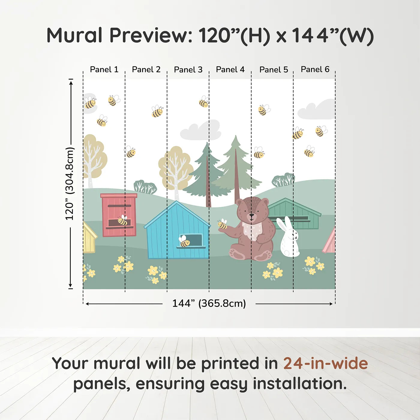 Whimsy Tots Bear and Bunny Beehive Wall Muraldimension view (120" H x 144" W). Printed in six 24-inch-wide panels. Gender-Neutral