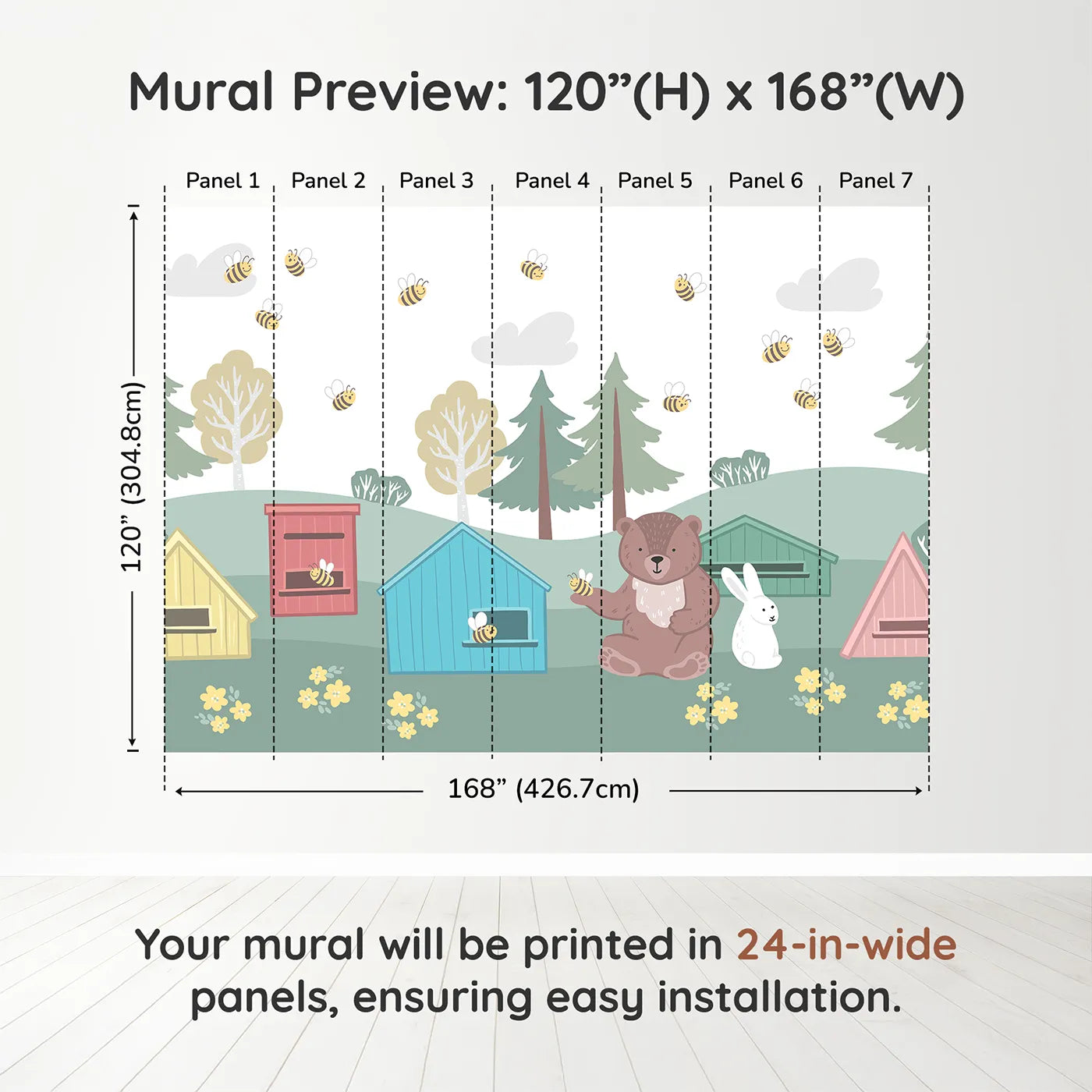 Whimsy Tots Bear and Bunny Beehive Wall Muraldimension view (120" H x 168" W). Printed in seven 24-inch-wide panels. Gender-Neutral