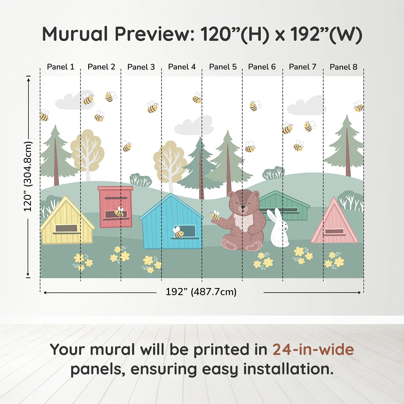 Whimsy Tots Bear and Bunny Beehive Wall Muraldimension view (120" H x 192" W). Printed in eight 24-inch-wide panels. Gender-Neutral