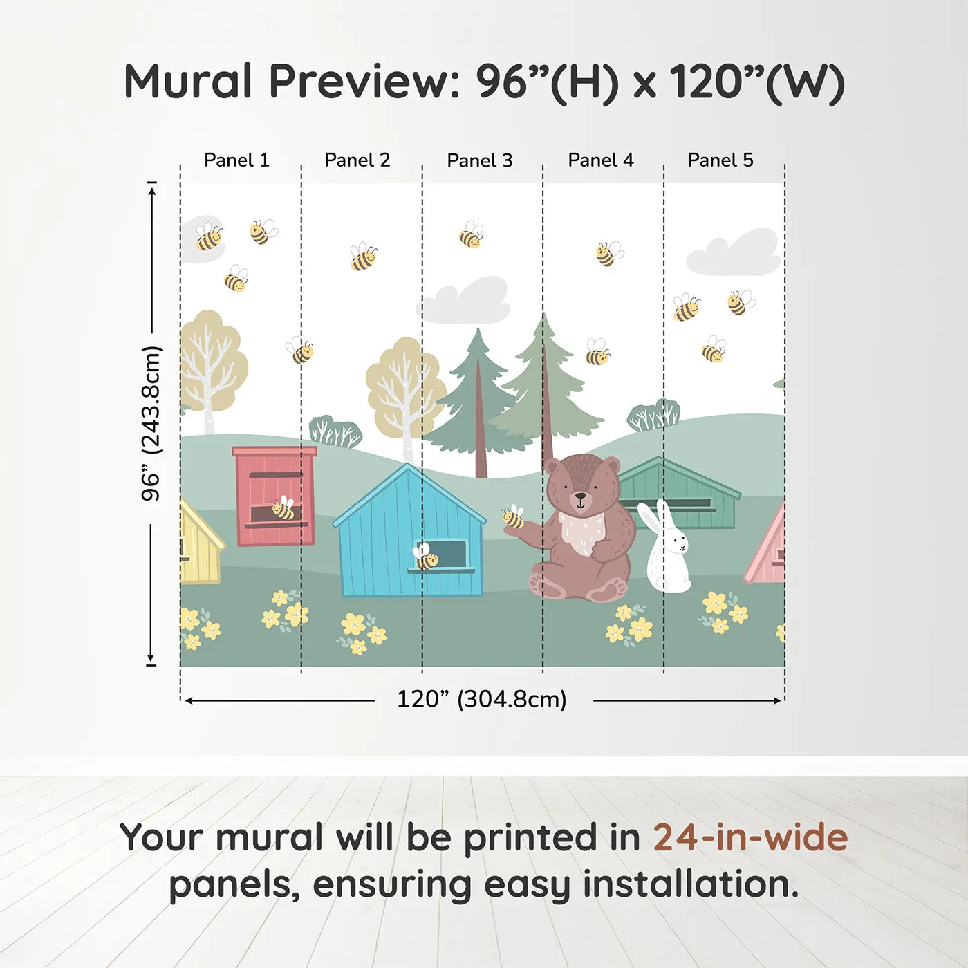 Whimsy Tots Bear and Bunny Beehive Wall Muraldimension view (96" H x 120" W). Printed in five 24-inch-wide panels. Gender-Neutral