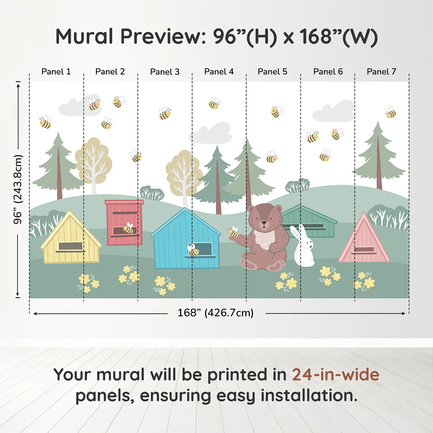 Whimsy Tots Bear and Bunny Beehive Wall Muraldimension view (96" H x 168" W). Printed in seven 24-inch-wide panels. Gender-Neutral