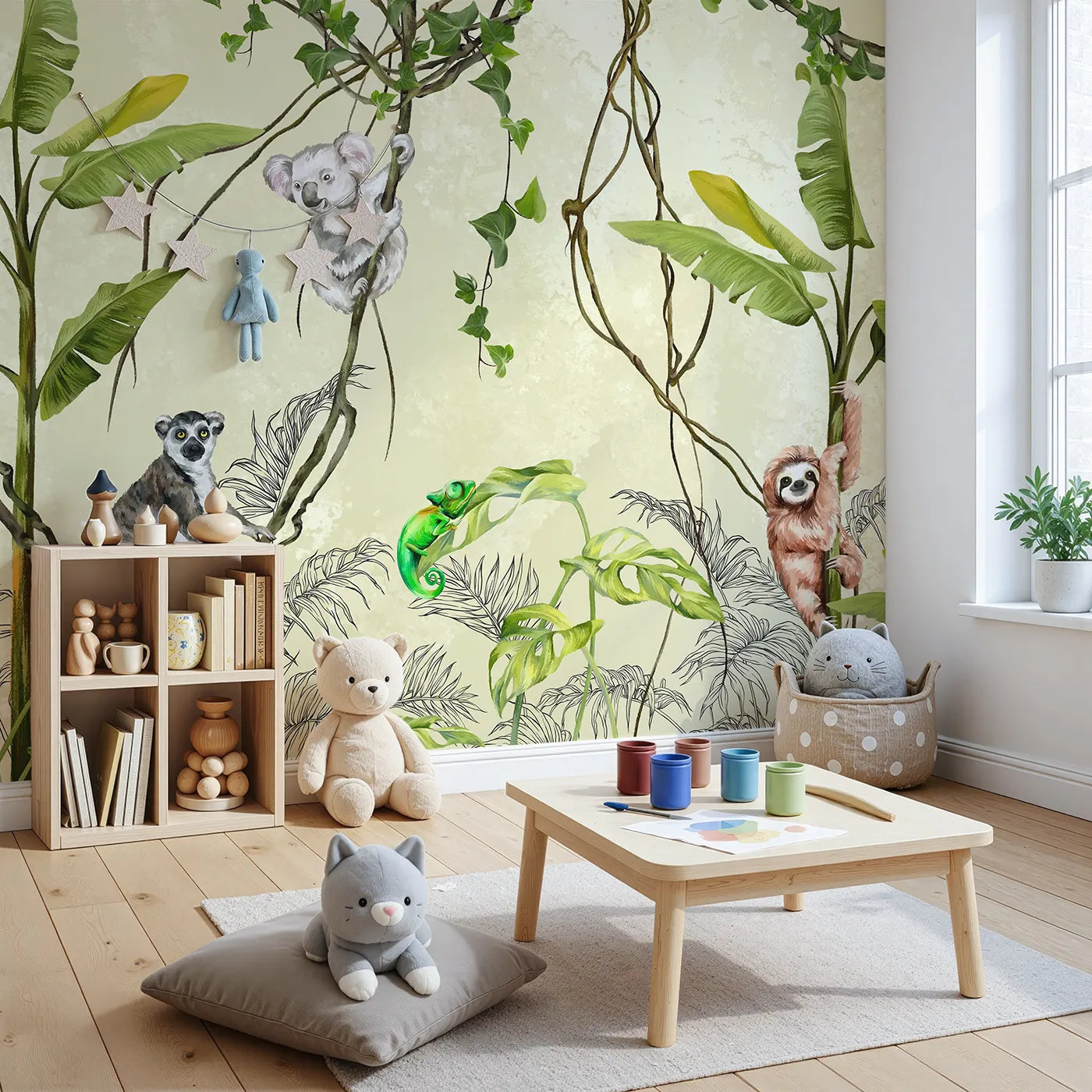 Angled view of Whimsy Tots' Jungle Vine Friends Wall Mural (Turn Their Room into a Lively Treetop Hangout).Gender-Neutral