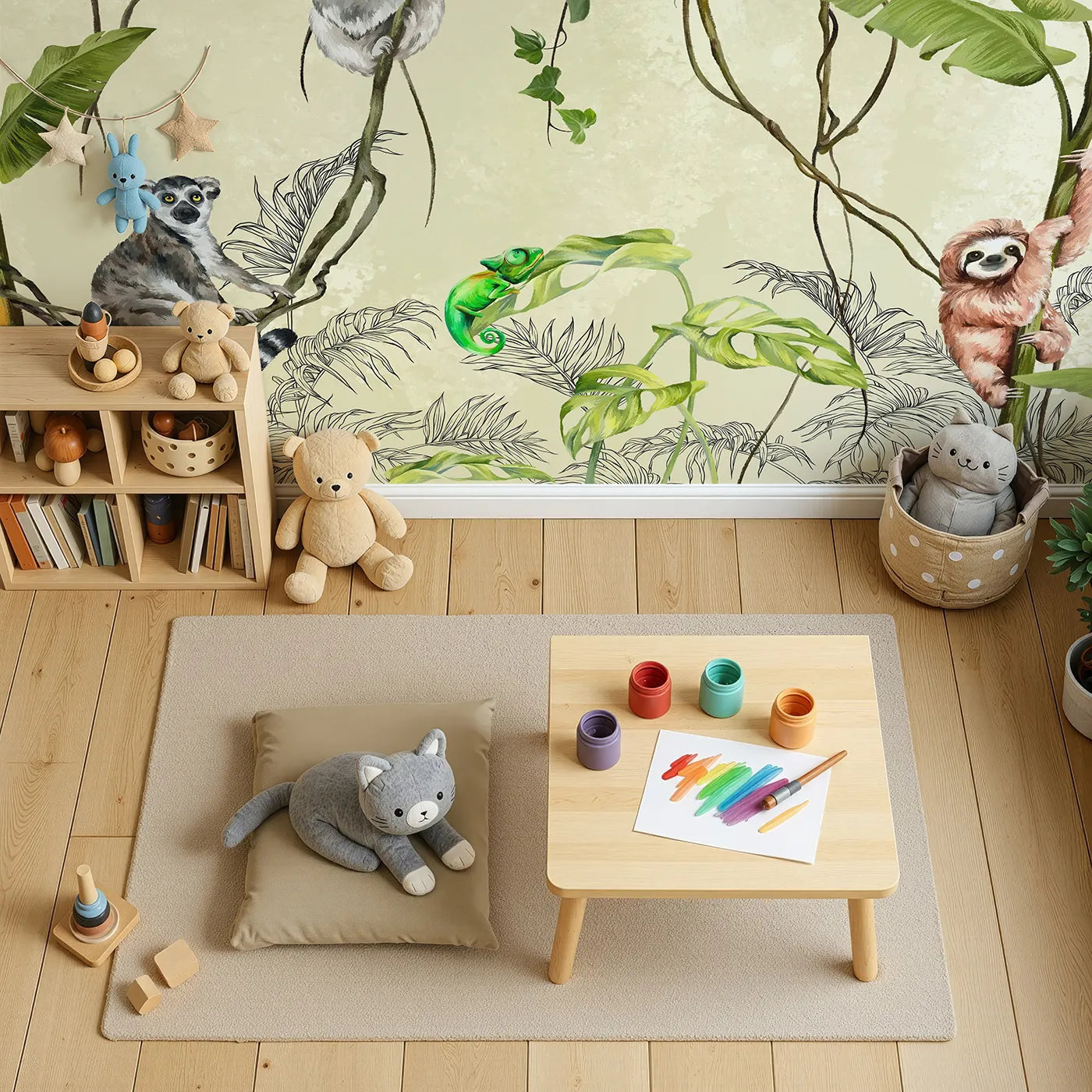 Top-down view of Whimsy Tots' Jungle Vine Friends Wall Mural (Turn Their Room into a Lively Treetop Hangout).Gender-Neutral