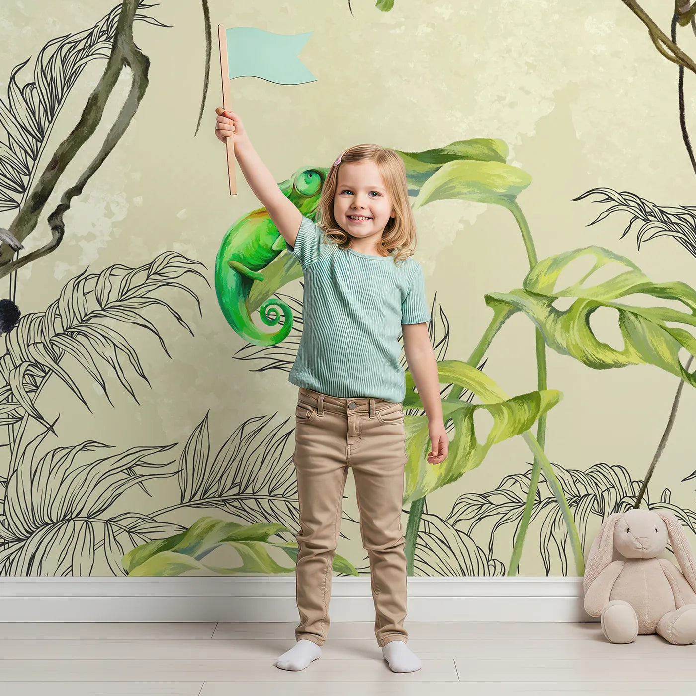 Child in front of Whimsy Tots Jungle Vine Friends Wall Mural with jungle, animal, vine, koala, lemur, sloth, chameleon, realistic in design.