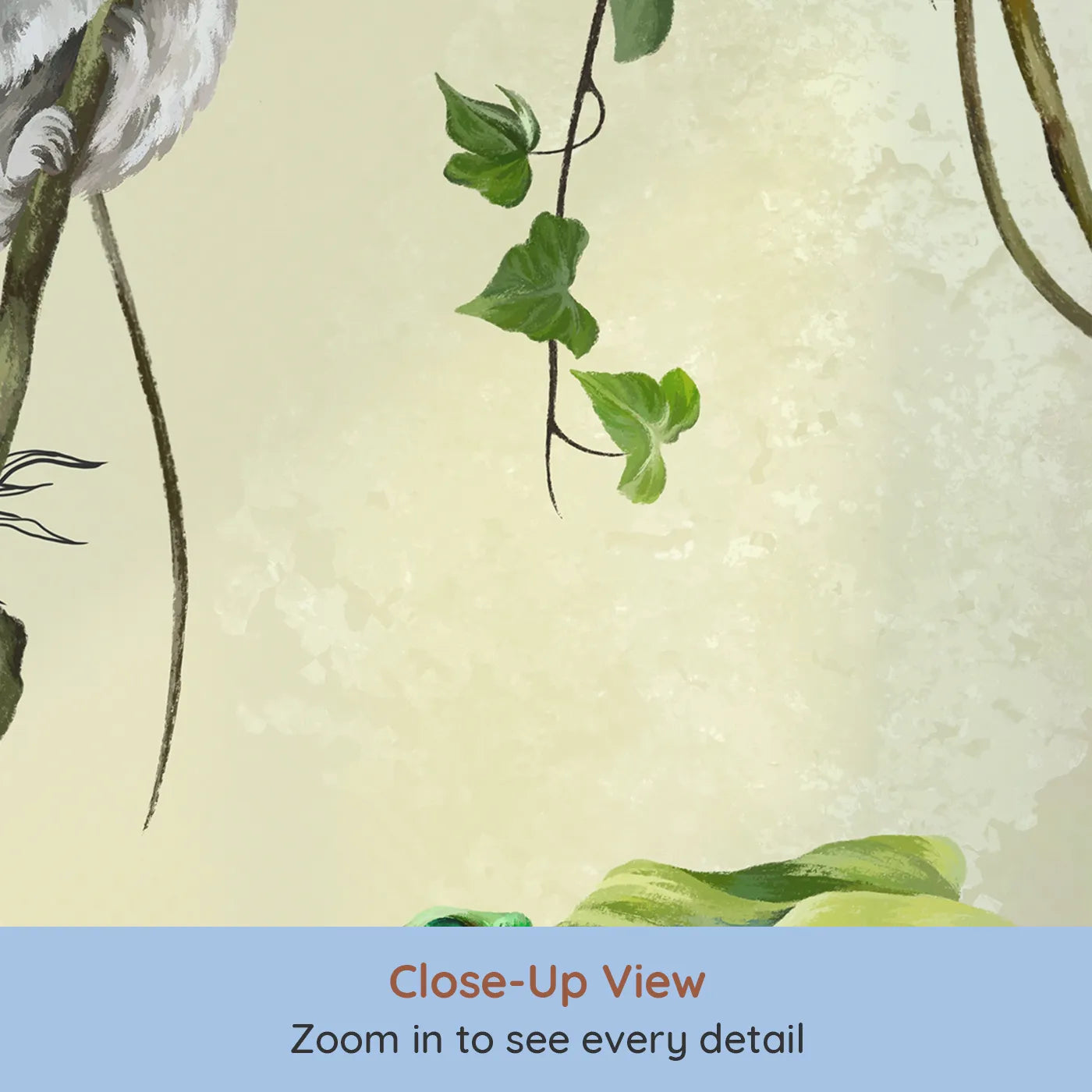 Close-up view of Whimsy Tots' Jungle Vine Friends Wall Mural (Turn Their Room into a Lively Treetop Hangout).Gender-Neutral