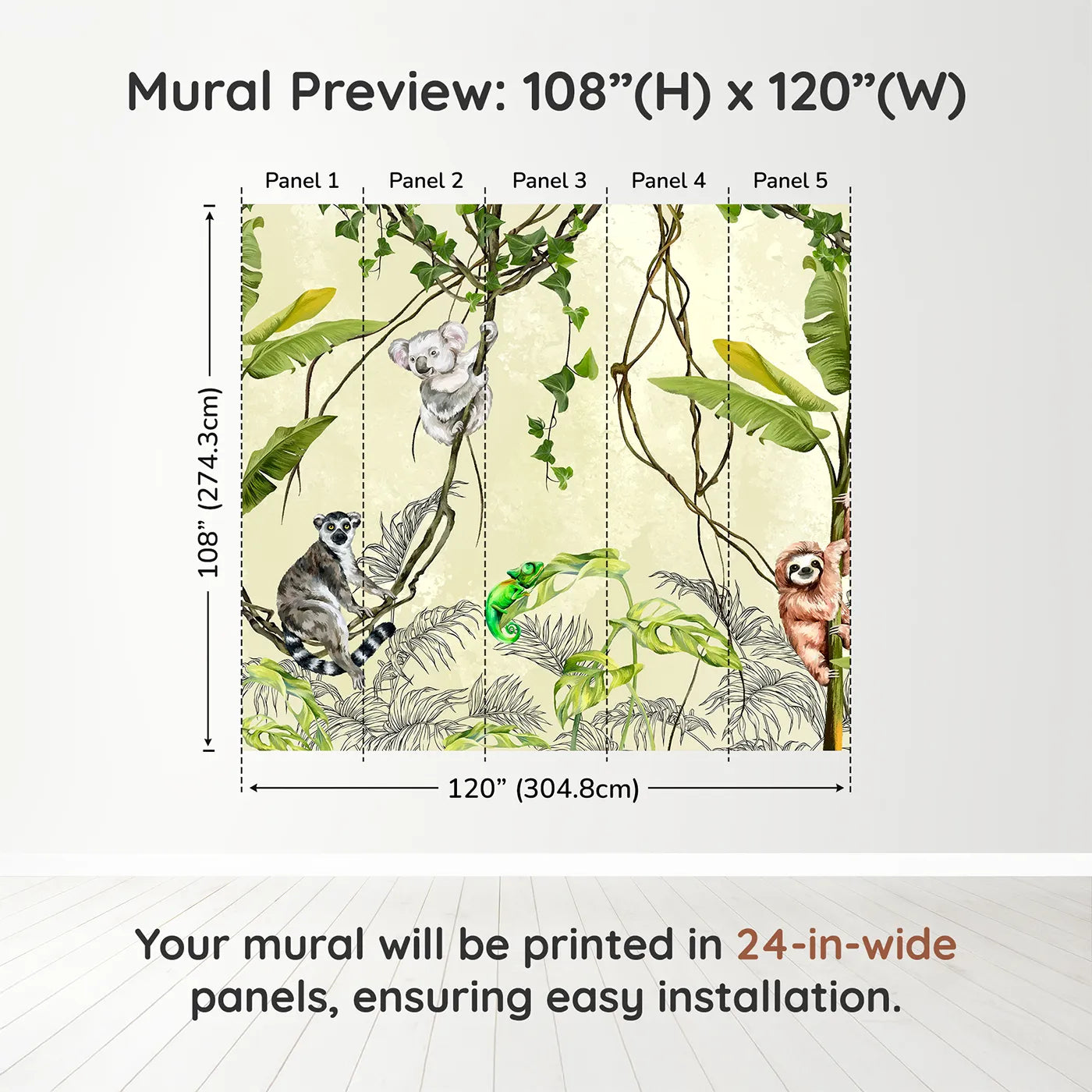 Whimsy Tots Jungle Vine Friends Wall Muraldimension view (108" H x 120" W). Printed in five 24-inch-wide panels. Gender-Neutral
