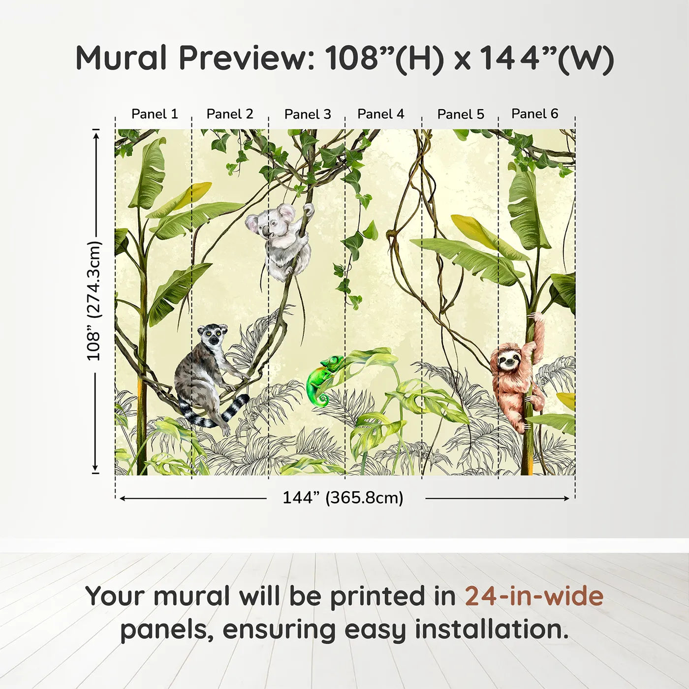 Whimsy Tots Jungle Vine Friends Wall Muraldimension view (108" H x 144" W). Printed in six 24-inch-wide panels. Gender-Neutral
