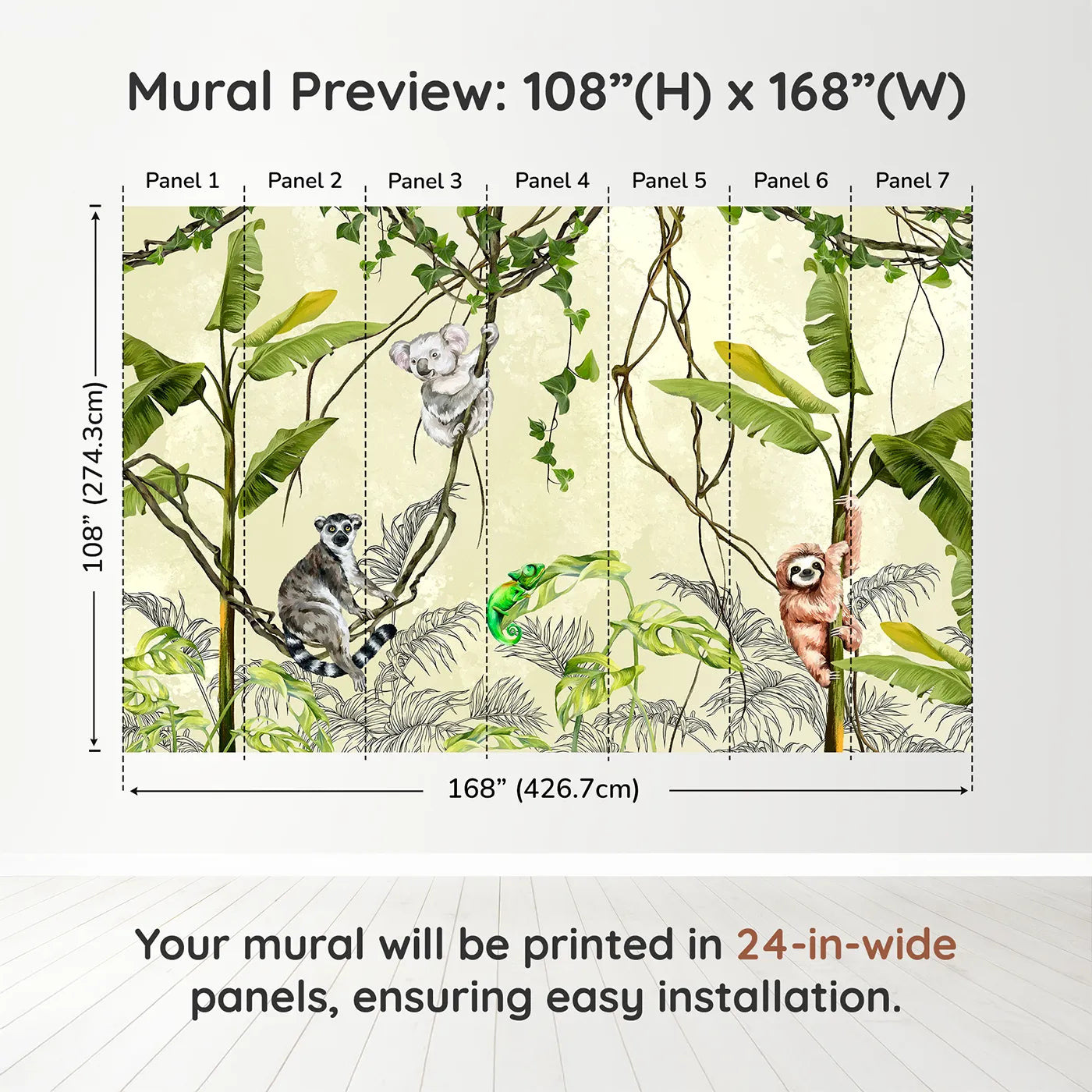 Whimsy Tots Jungle Vine Friends Wall Muraldimension view (108" H x 168" W). Printed in seven 24-inch-wide panels. Gender-Neutral