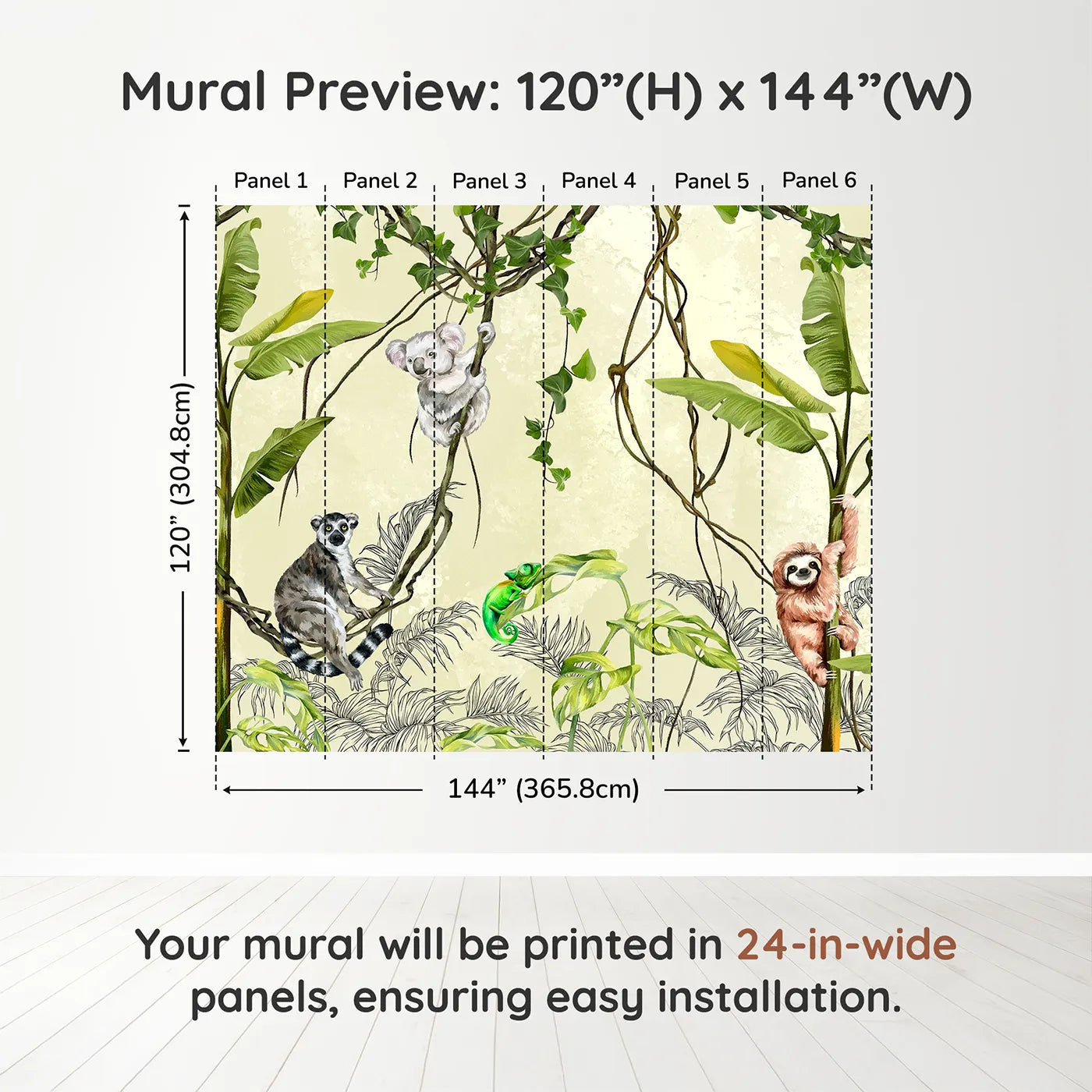 Whimsy Tots Jungle Vine Friends Wall Muraldimension view (120" H x 144" W). Printed in six 24-inch-wide panels. Gender-Neutral