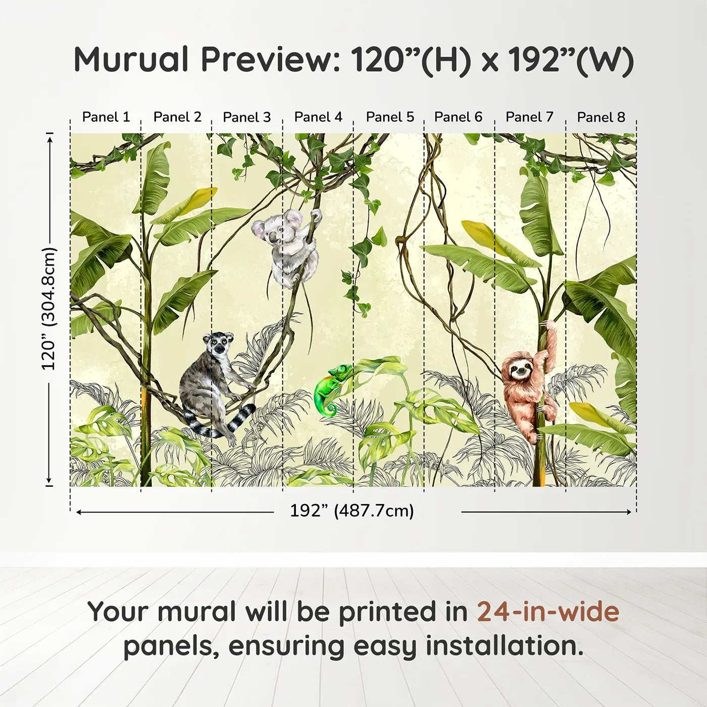 Whimsy Tots Jungle Vine Friends Wall Muraldimension view (120" H x 192" W). Printed in eight 24-inch-wide panels. Gender-Neutral