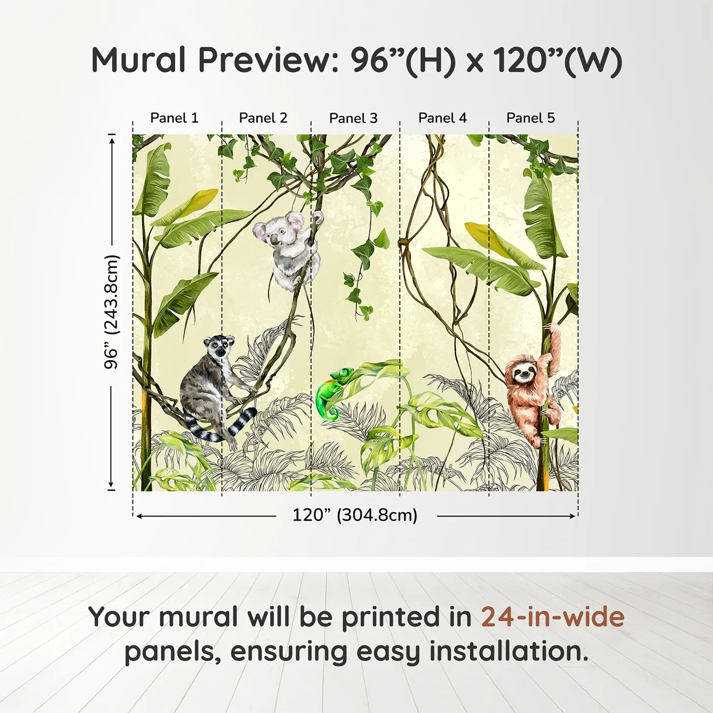 Whimsy Tots Jungle Vine Friends Wall Muraldimension view (96" H x 120" W). Printed in five 24-inch-wide panels. Gender-Neutral