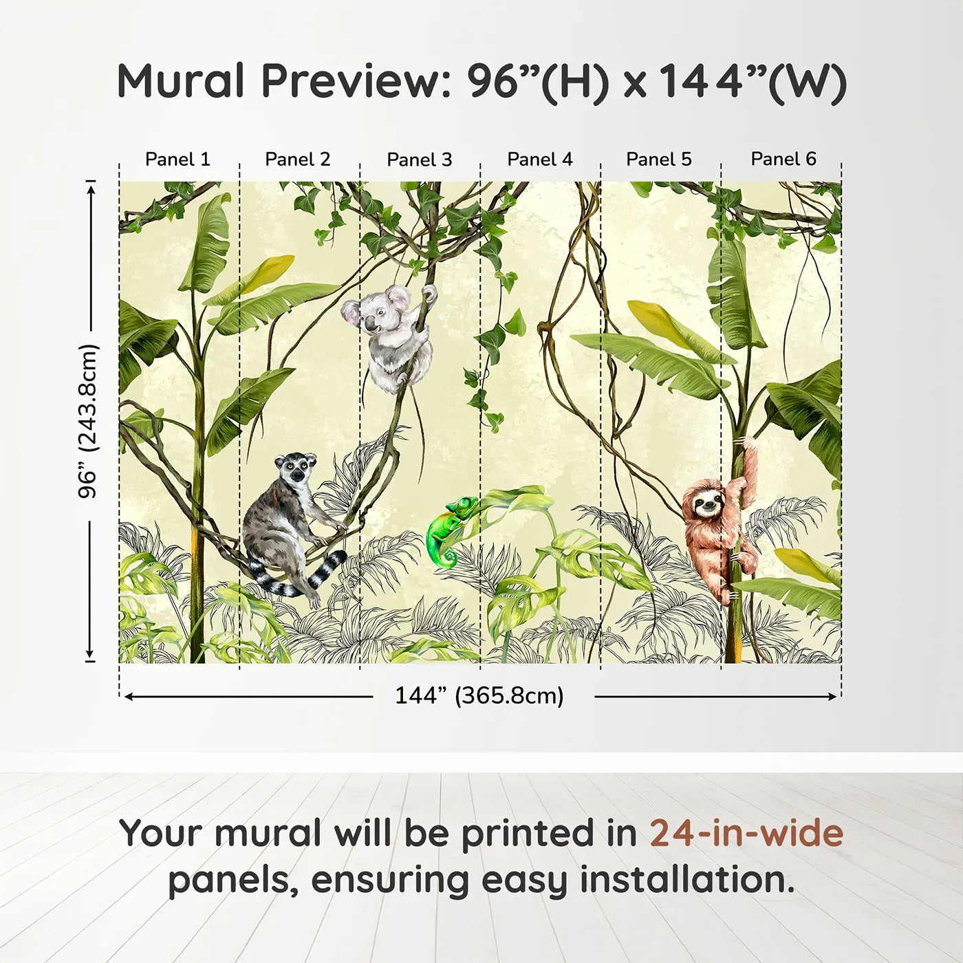 Whimsy Tots Jungle Vine Friends Wall Muraldimension view (96" H x 144" W). Printed in six 24-inch-wide panels. Gender-Neutral