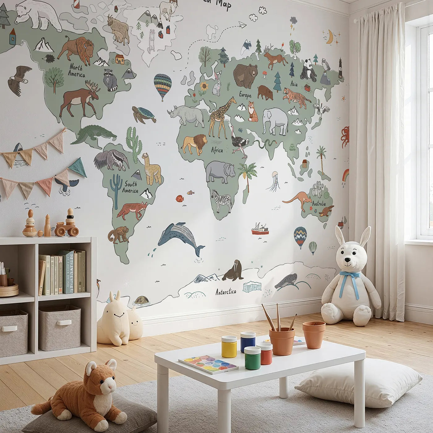 Angled view of Whimsy Tots' Doodle Animal World Map Wall Mural (Turn Their Room into a Hand-Drawn Trip Around the Globe).Gender-Neutral