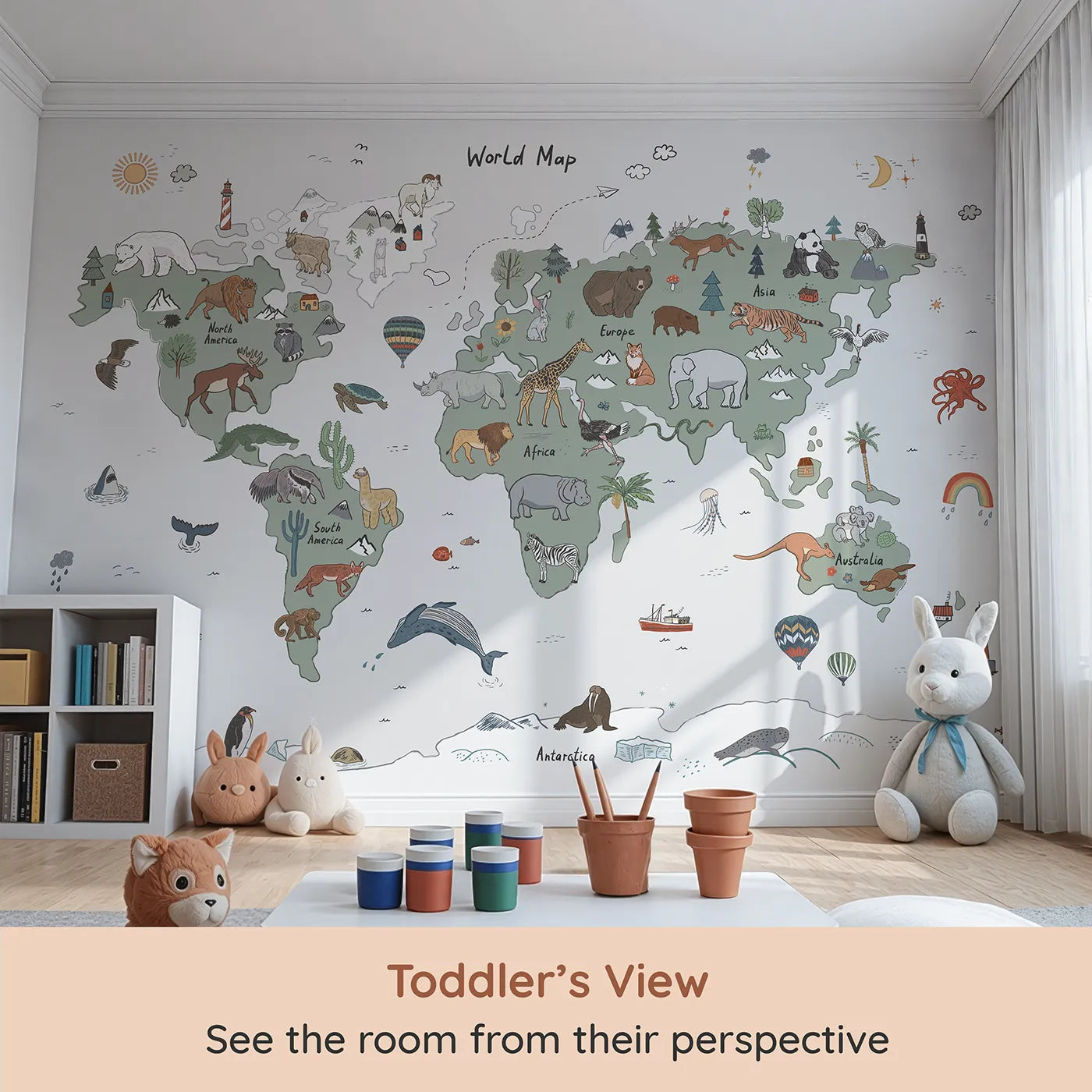 Whimsy Tots Doodle Animal World Map Wall Mural (Turn Their Room into a Hand-Drawn Trip Around the Globe) from your child's view.Gender-Neutral