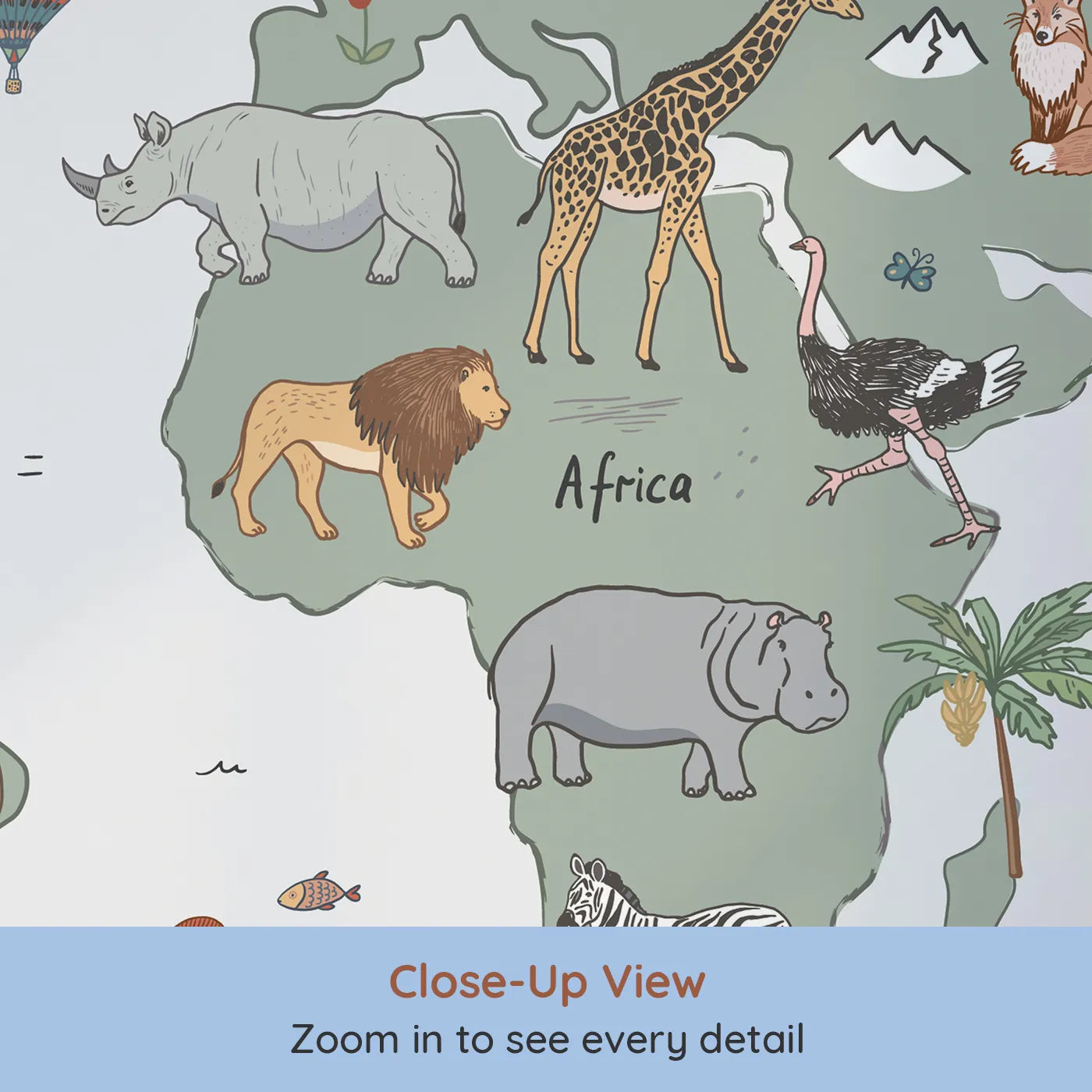 Close-up view of Whimsy Tots' Doodle Animal World Map Wall Mural (Turn Their Room into a Hand-Drawn Trip Around the Globe).Gender-Neutral