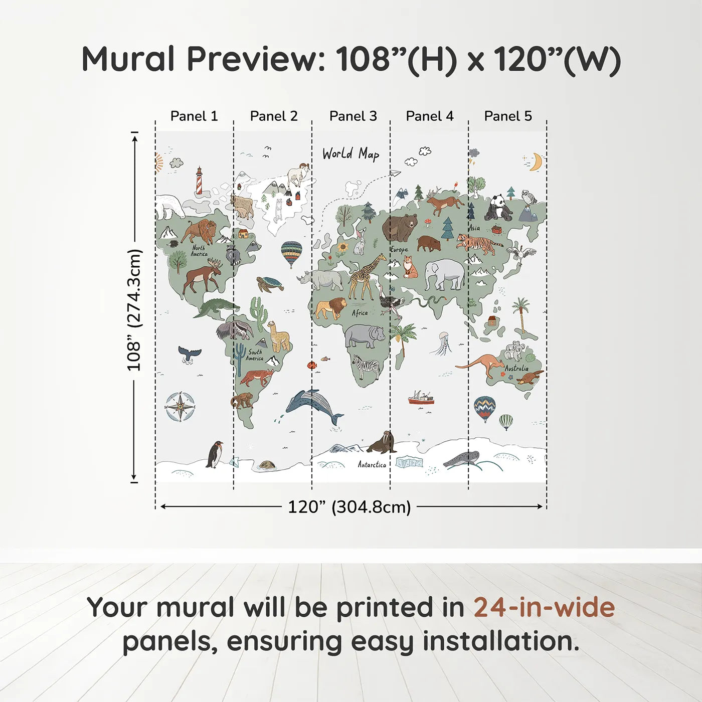 Whimsy Tots Doodle Animal World Map Wall Muraldimension view (108" H x 120" W). Printed in five 24-inch-wide panels. Gender-Neutral