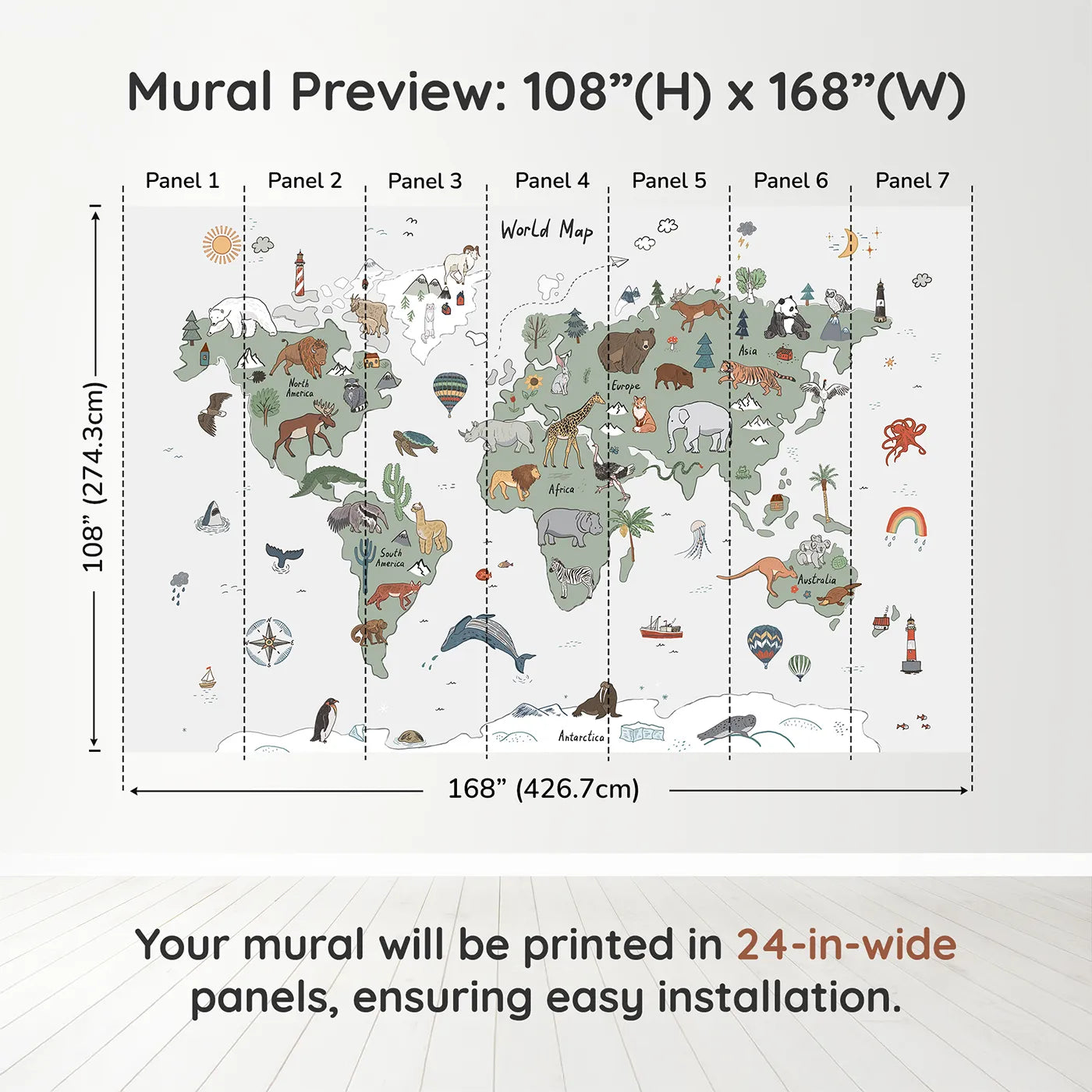 Whimsy Tots Doodle Animal World Map Wall Muraldimension view (108" H x 168" W). Printed in seven 24-inch-wide panels. Gender-Neutral